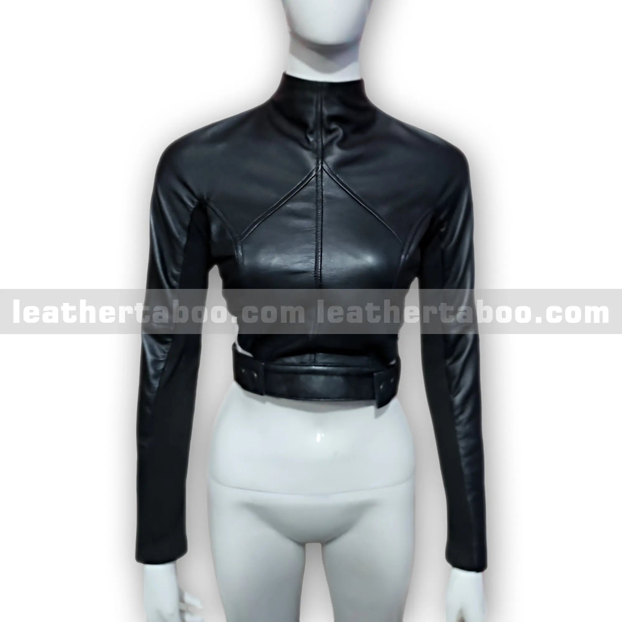 Women's Black Sheepskin Leather Cropped Jacket – High Neck Zip Back Design - Leather taboo