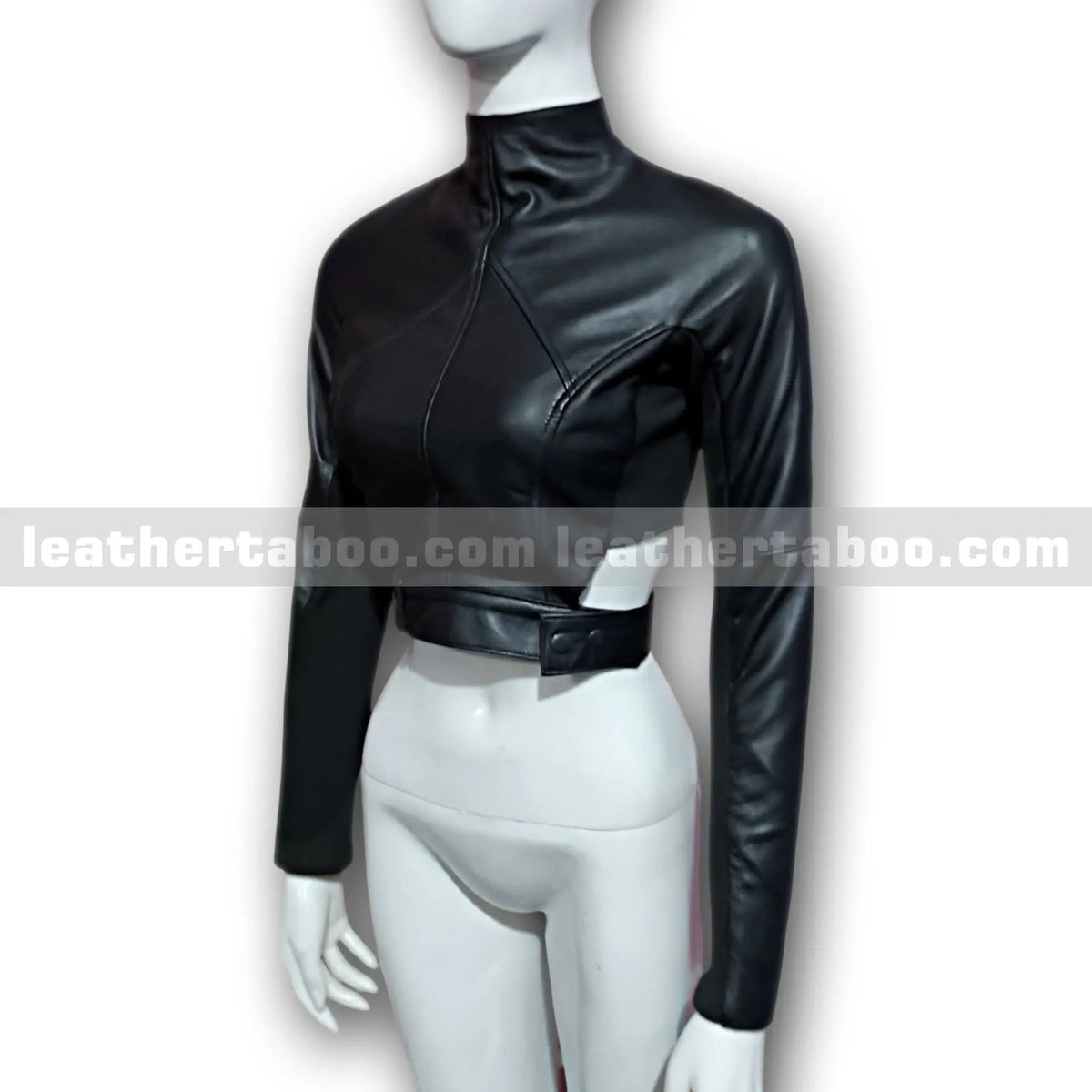 Women's Black Sheepskin Leather Cropped Jacket, back view 2