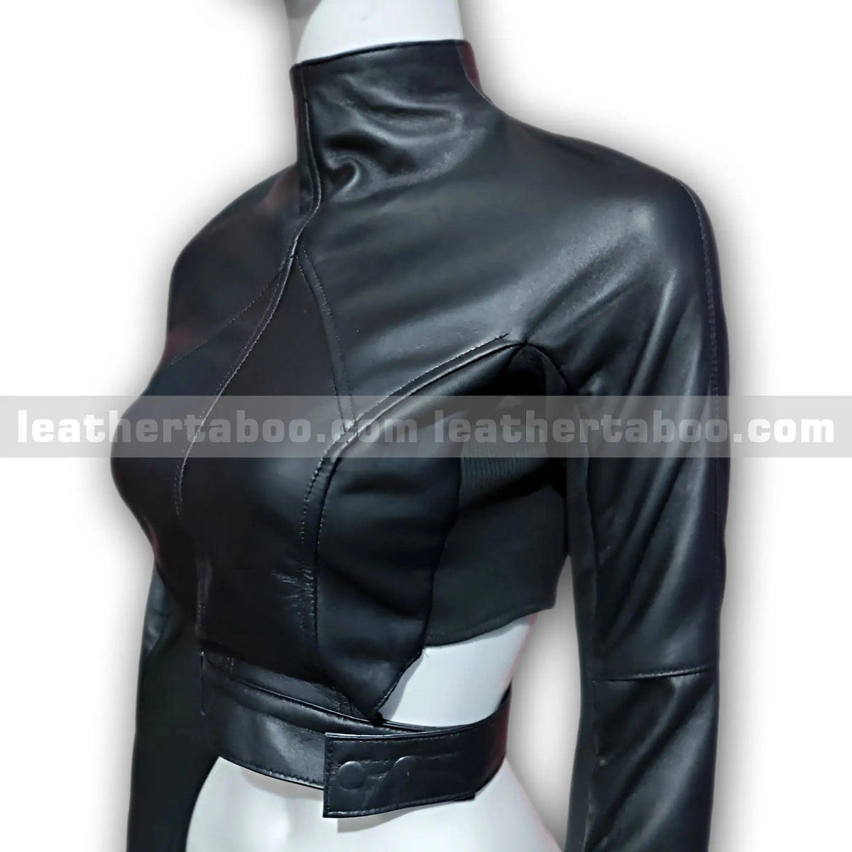 Women's Black Sheepskin Leather Cropped Jacket, back view 3