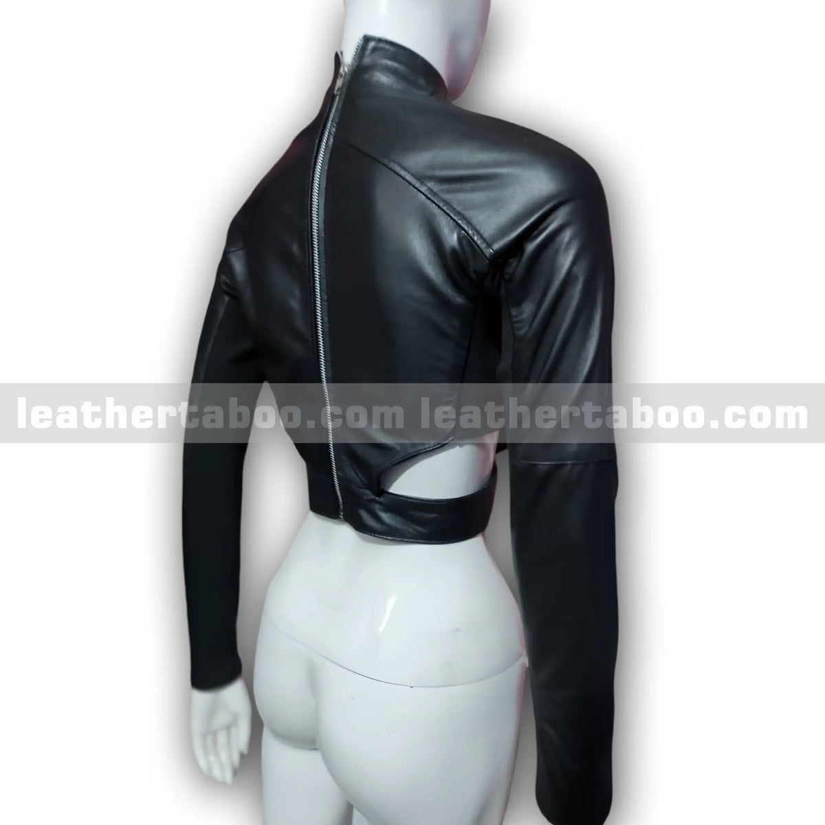 Women's Black Sheepskin Leather Cropped Jacket, back view 4