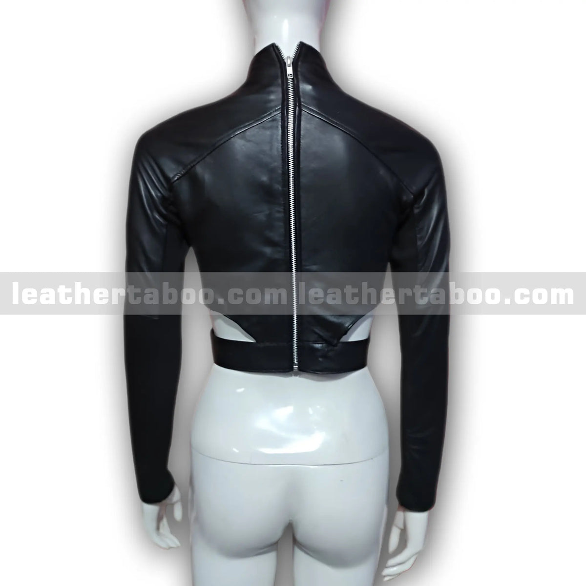 Women's Black Sheepskin Leather Cropped Jacket, back view 5