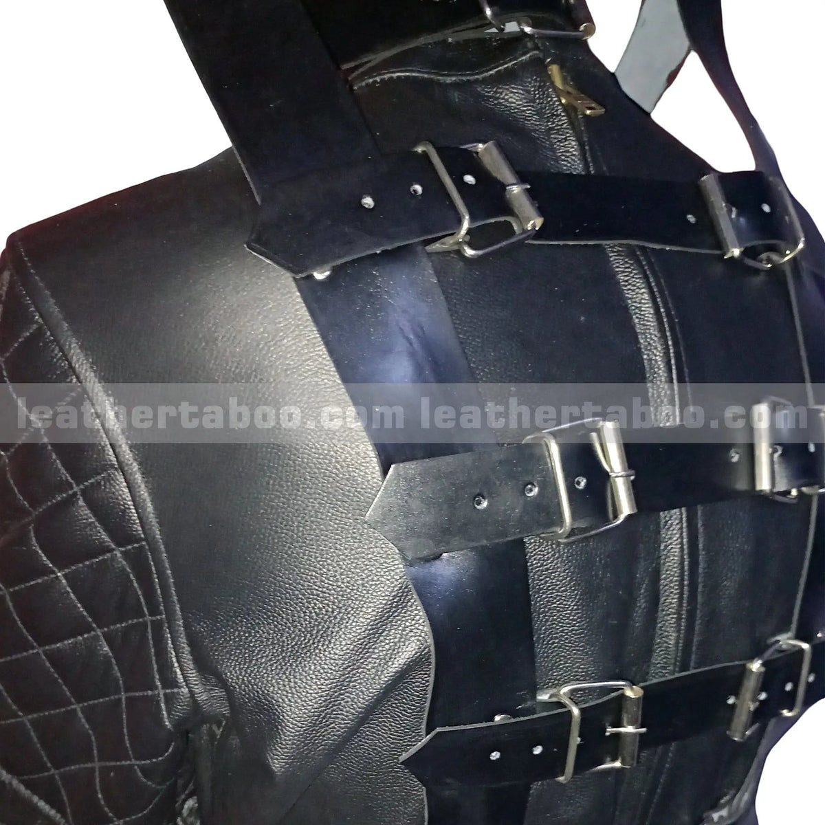 Men's Premium Cowhide Leather Restraint Suit with Quilted Sleeves and Adjustable Straps - Leather taboo