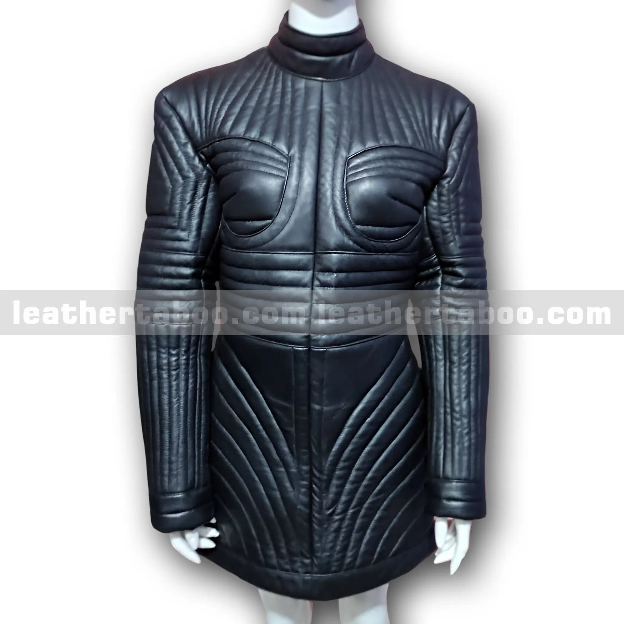 Black Quilted Sheepskin Leather Dress Jacket for Women โ Futuristic Armor-Inspired Outerwear - Leather taboo