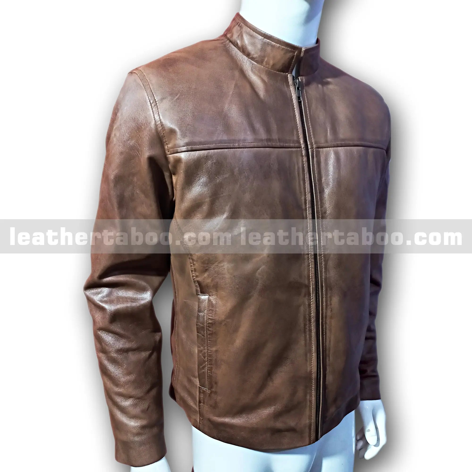 Men's Brown Cowhide Leather Zip-Up Jacket | Classic Stand Collar Design - Leather taboo