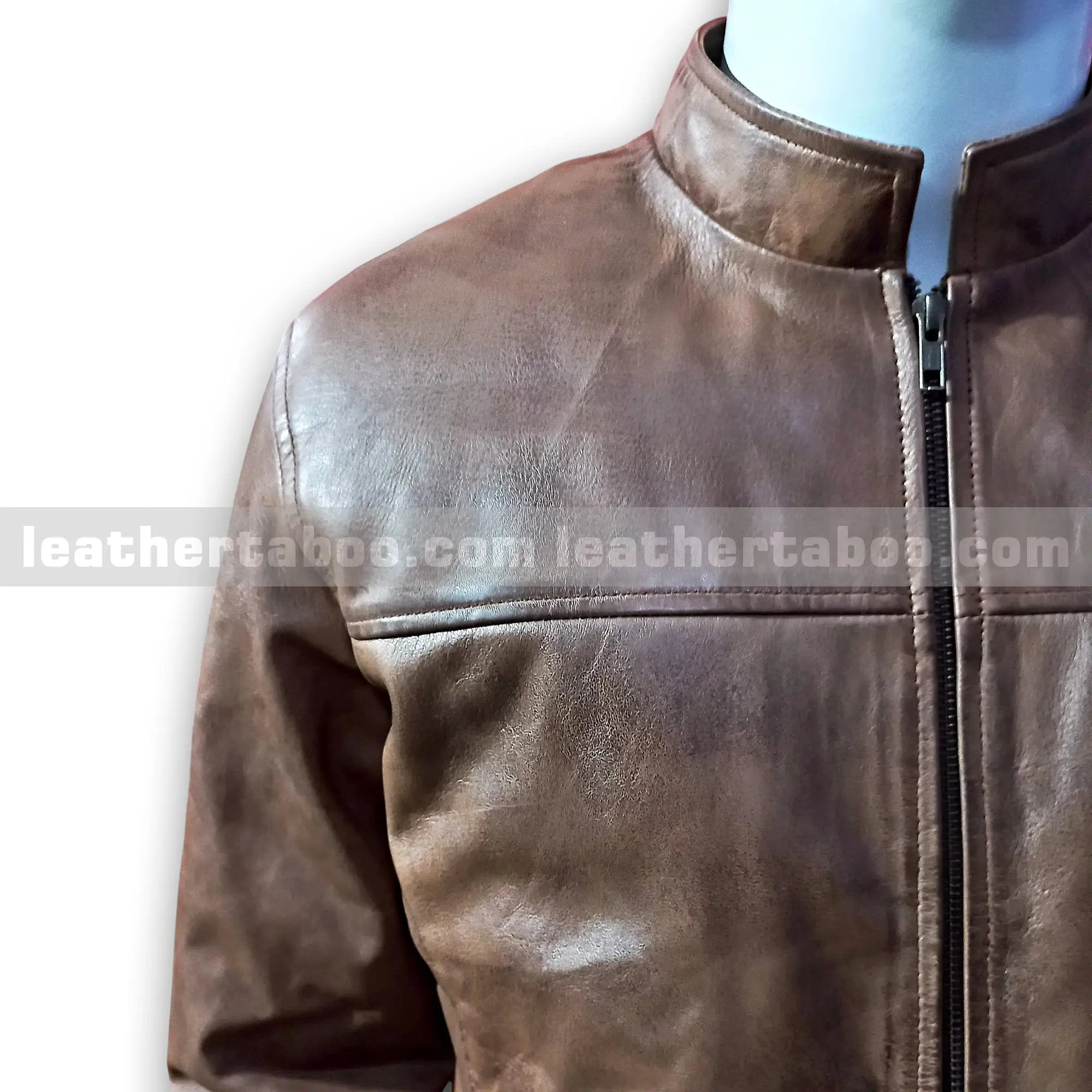 Men's Brown Cowhide Leather Zip-Up Jacket | Classic Stand Collar Design - Leather taboo