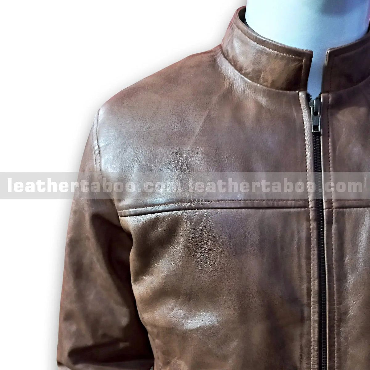 Men's Brown Cowhide Leather Zip-Up Jacket | Classic Stand Collar Design - Leather taboo