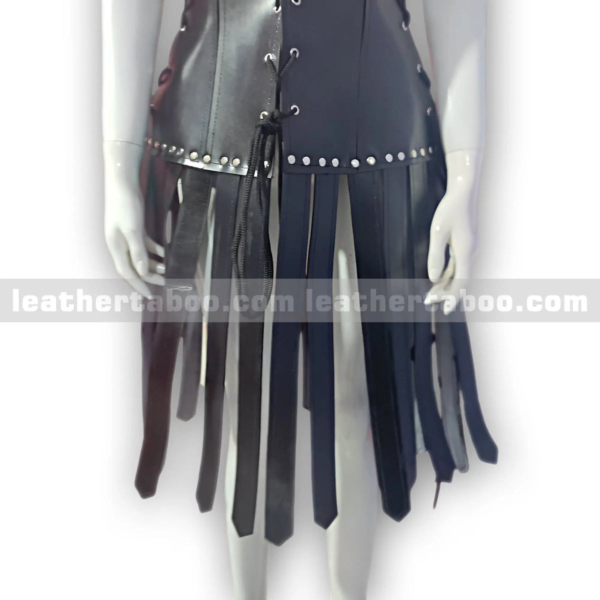 Women’s Black Leather Lace-Up Dress – Gladiator Style with Fringe Skirt - Leather taboo