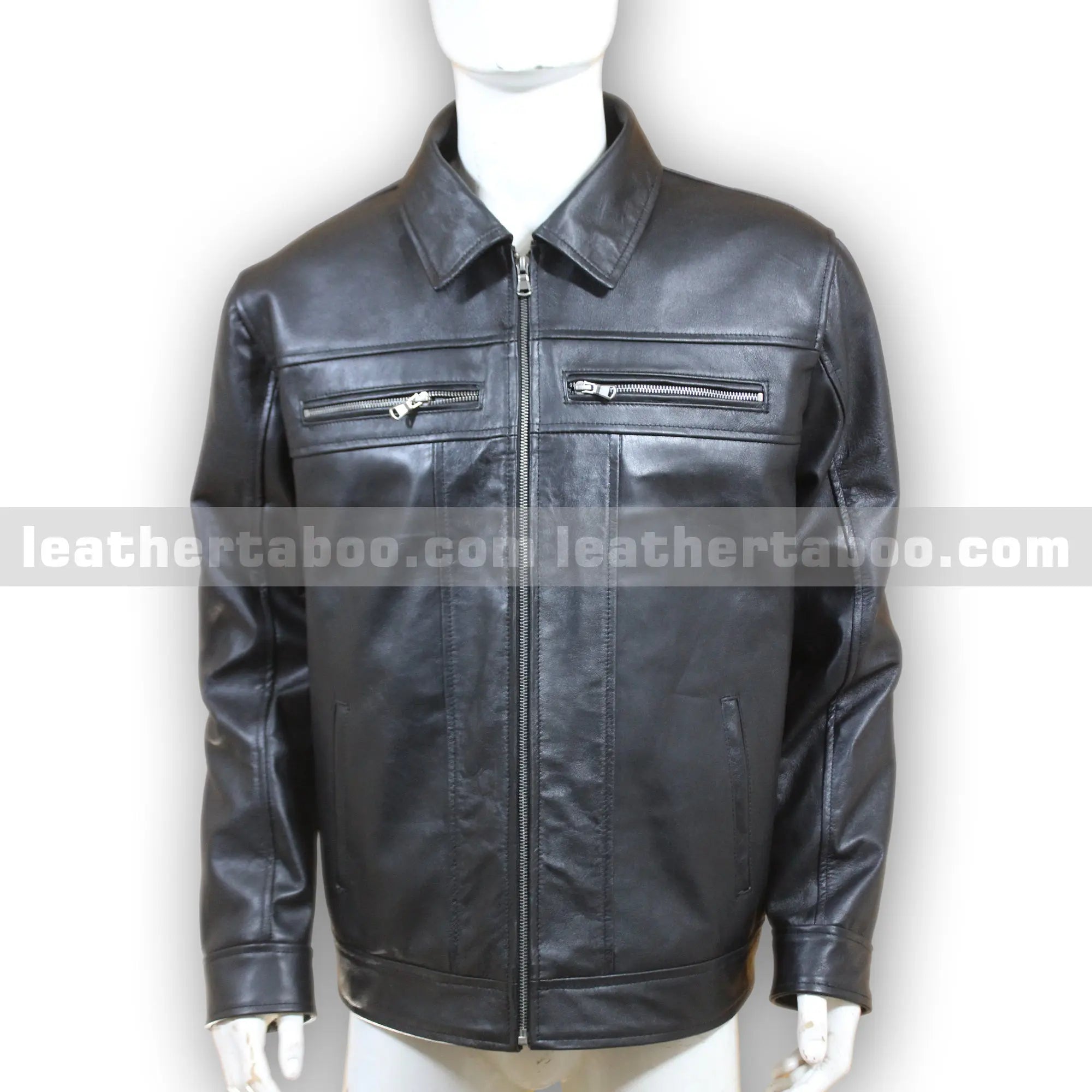 Men's Black Cowhide Leather Zip-Up Jacket with Chest Pockets - Leather taboo