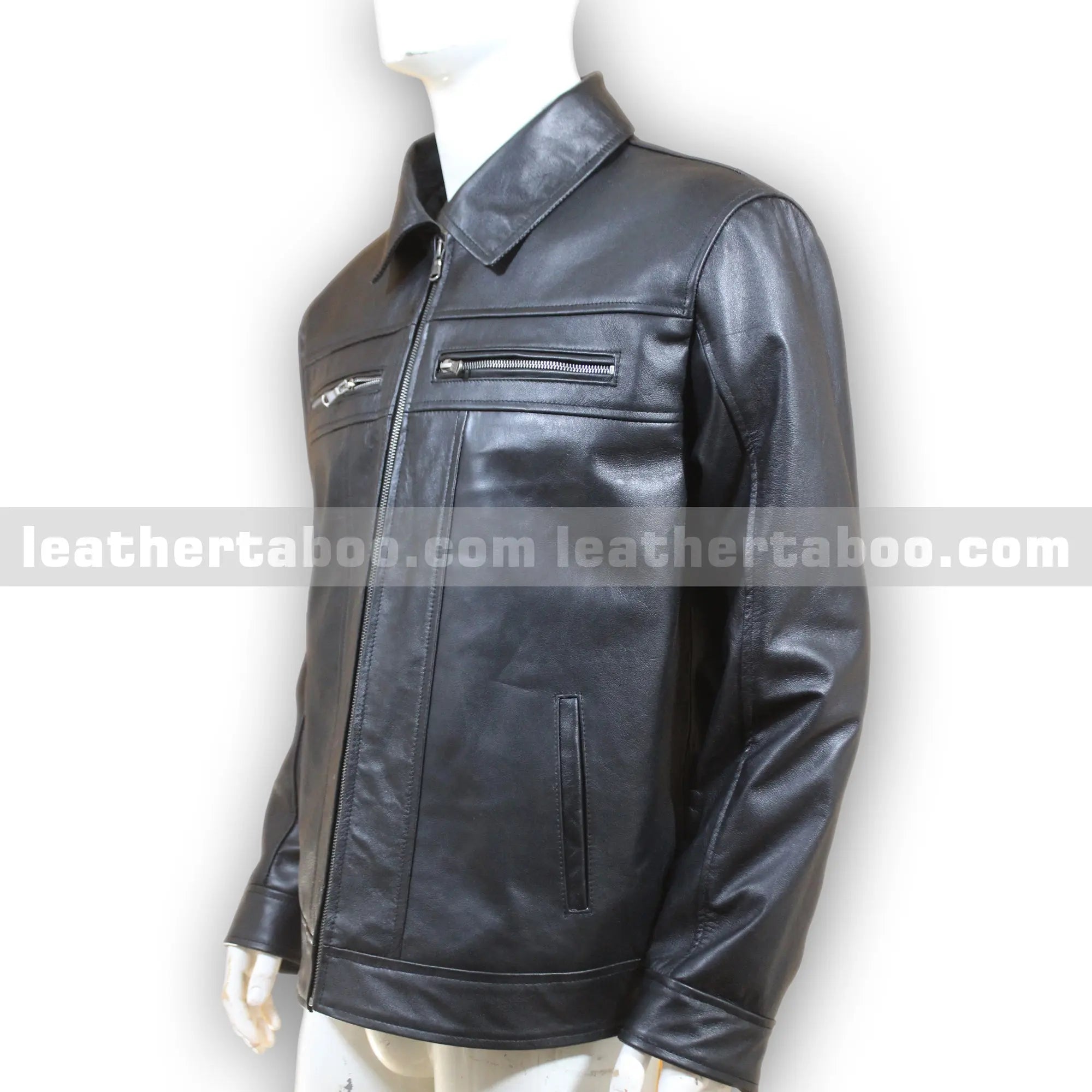 Men's Black Cowhide Leather Zip-Up Jacket with Chest Pockets - Leather taboo