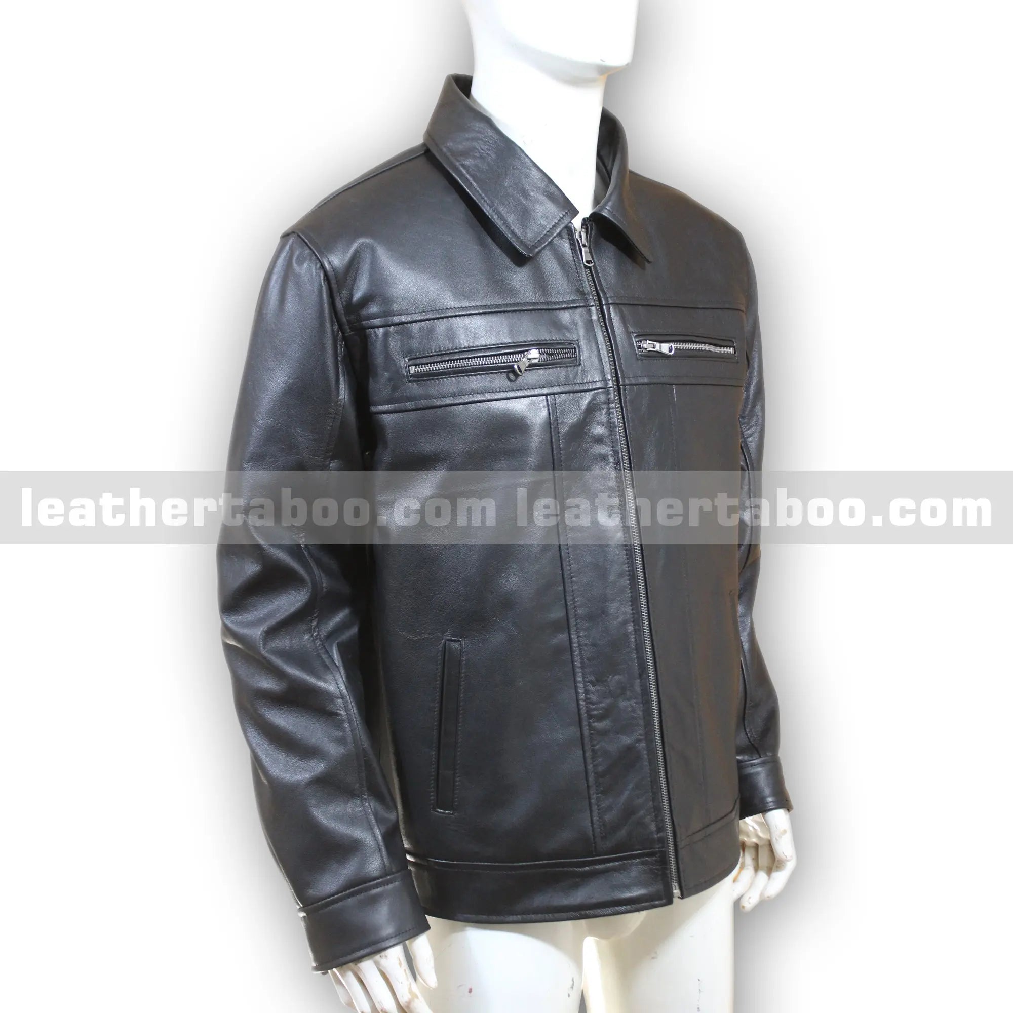 Men's Black Cowhide Leather Zip-Up Jacket with Chest Pockets - Leather taboo