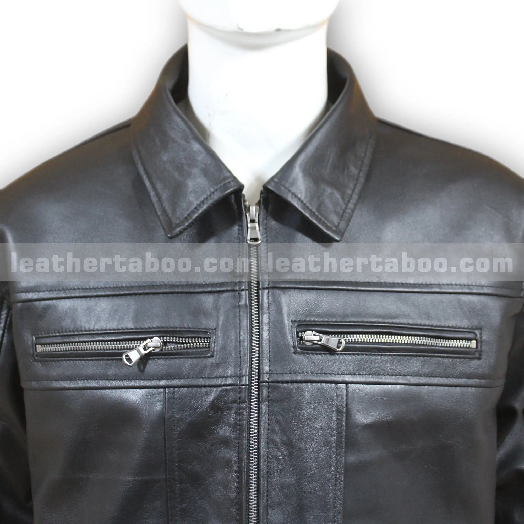 Men's Black Cowhide Leather Zip-Up Jacket with Chest Pockets - Leather taboo