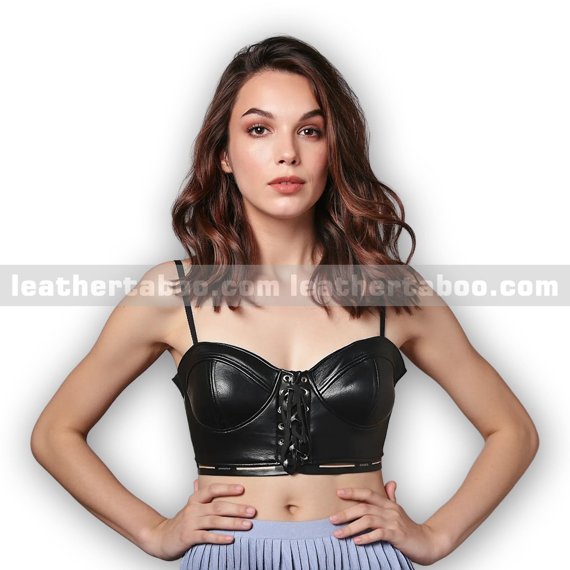 Black Sheepskin Leather Bustier Top with Lace-Up Front and Zipper Back – Adjustable Straps