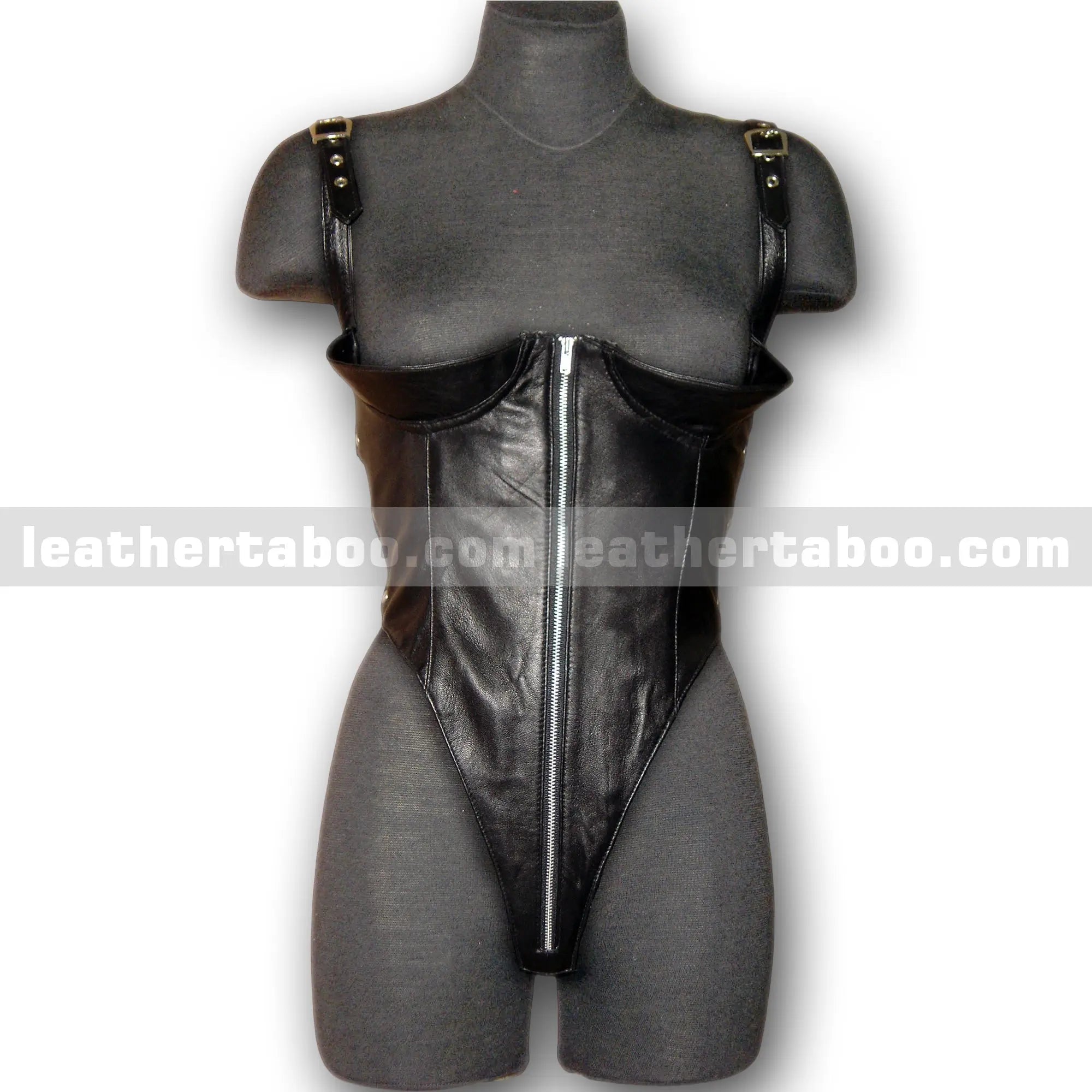 Women's Black Sheepskin Leather Bodysuit with Zipper Front and Adjustable Straps - Leather taboo