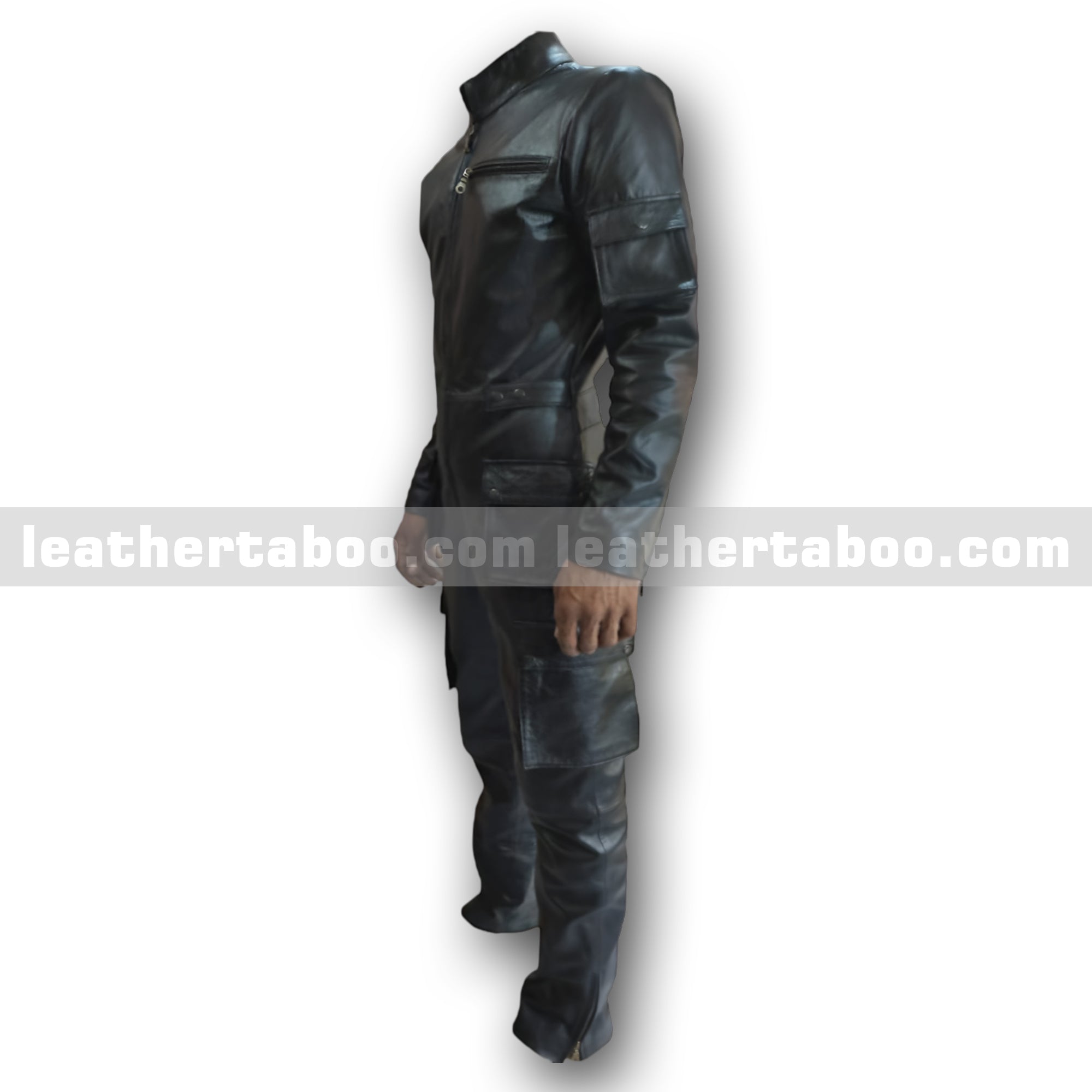Men’s Black Leather Jumpsuit – Full Body Sheepskin Leather Suit with Zipper Closure