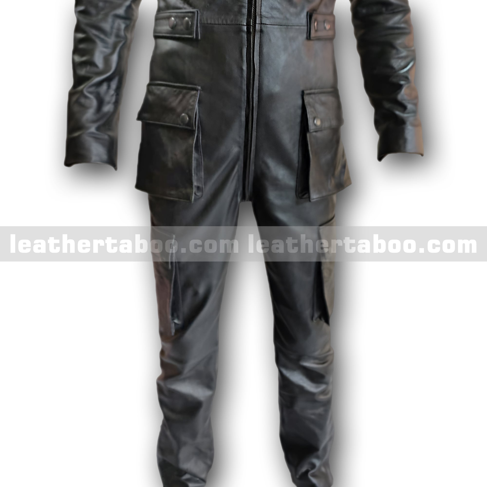 Men’s Black Leather Jumpsuit – Full Body Sheepskin Leather Suit with Zipper Closure
