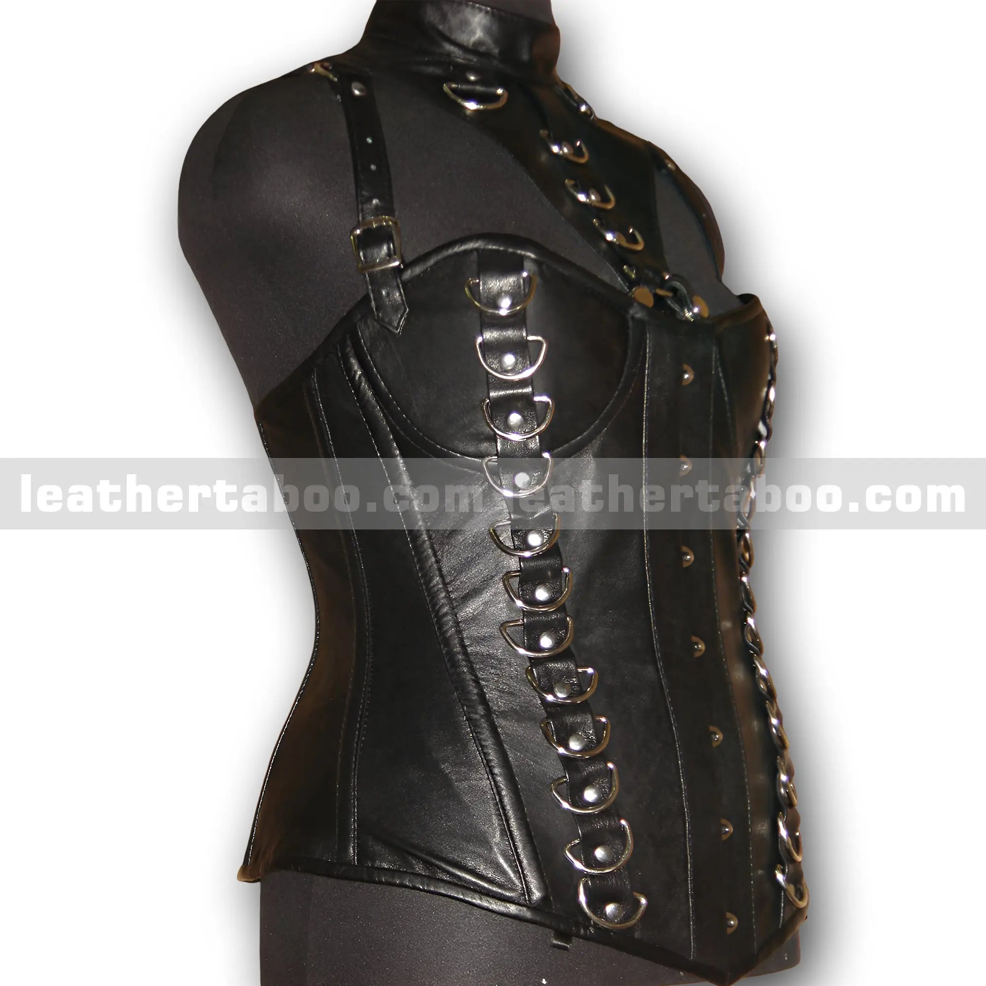 Womenโs Black Leather Corset Top with Buckle Straps & D-Ring Details | Gothic Punk Inspired Fashion - Leather taboo