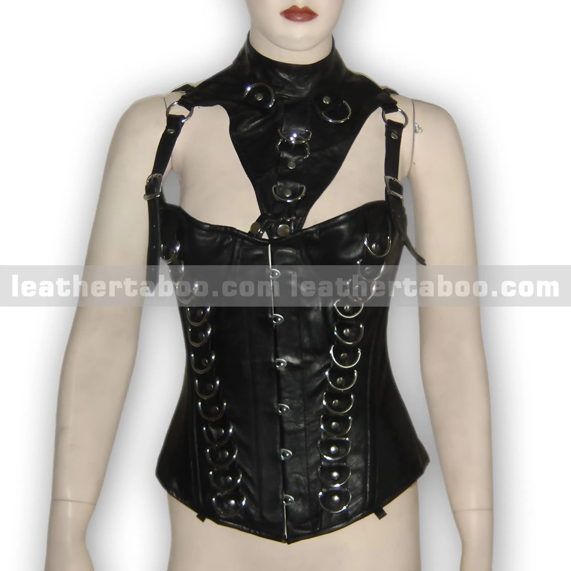 Women’s Black Leather Corset Top with Buckle Straps & D-Ring Details | Gothic Punk Inspired Fashion - Leather taboo