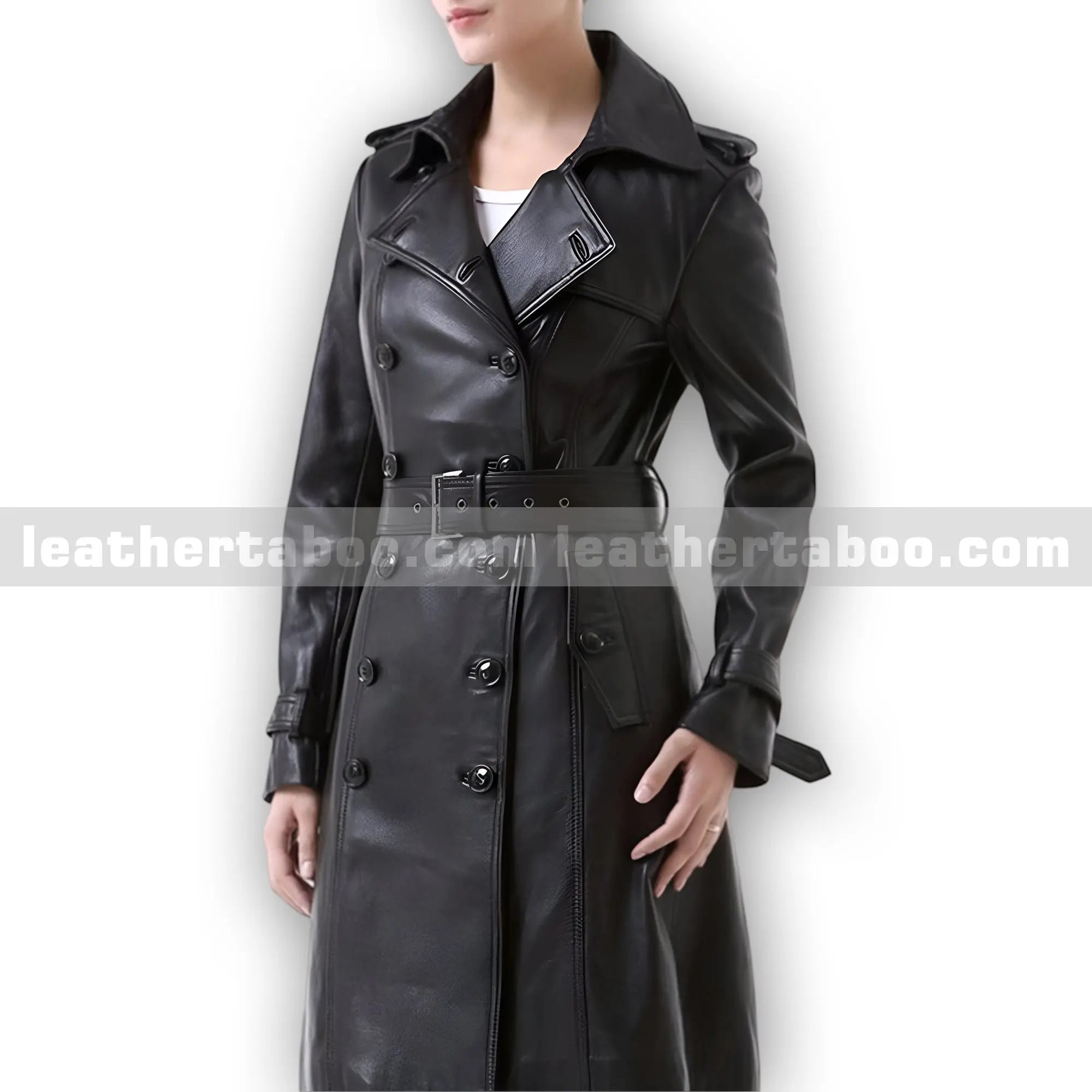 Women's Black Sheepskin Leather Trench Coat โ Long Double Breasted Belted Jacket โ Elegant Winter Outerwear with Classic Lapels - Leather taboo