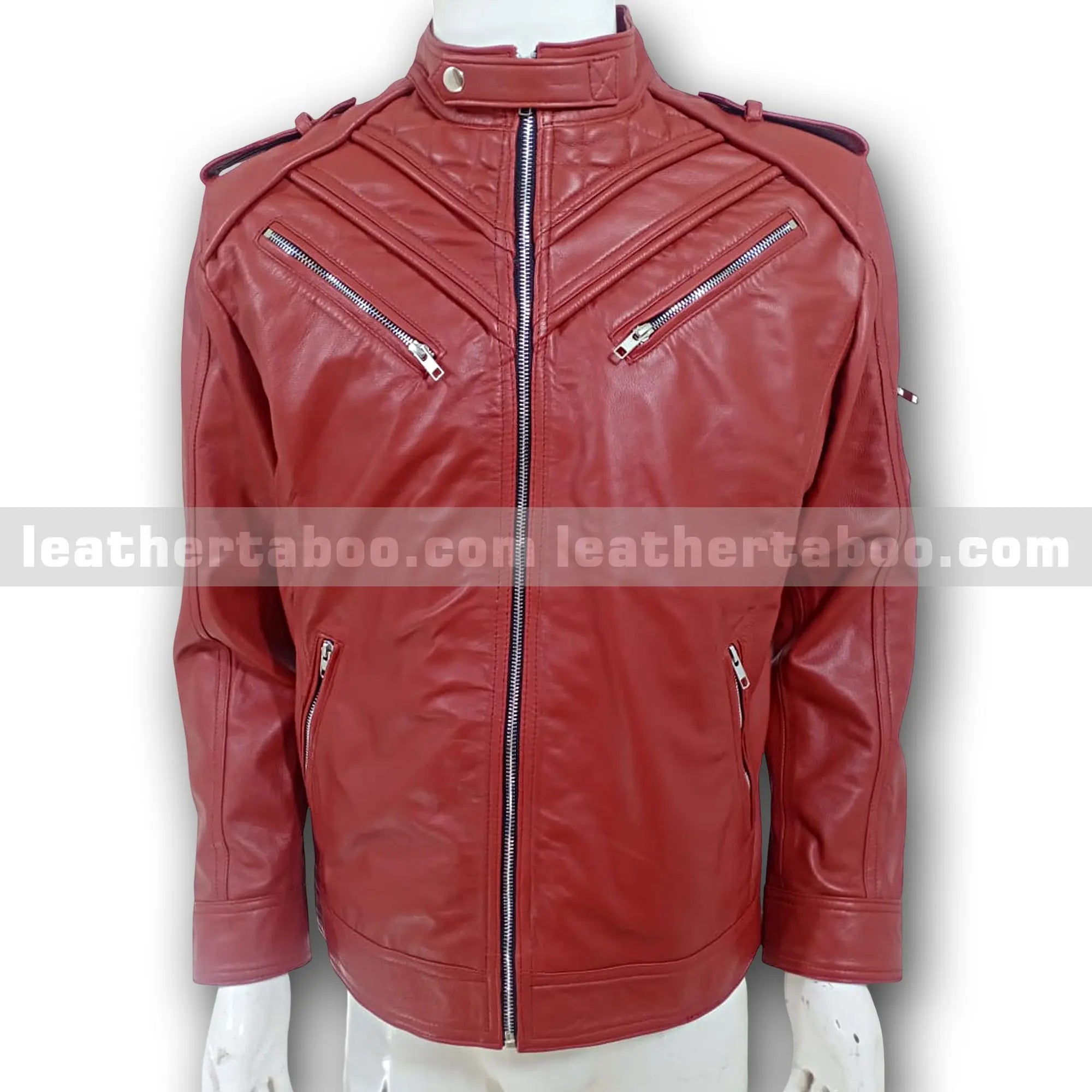 Menโs Premium Red Sheepskin Leather Jacket โ Zipper Front Moto Style with Shoulder Detail - Leather taboo