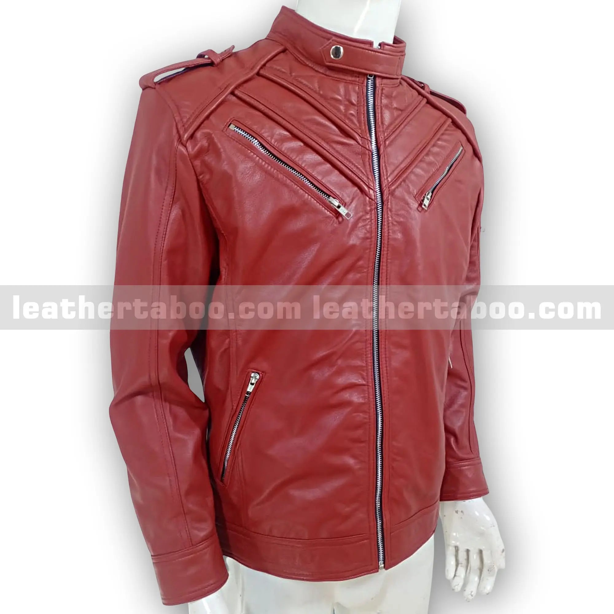 Menโs Premium Red Sheepskin Leather Jacket โ Zipper Front Moto Style with Shoulder Detail - Leather taboo