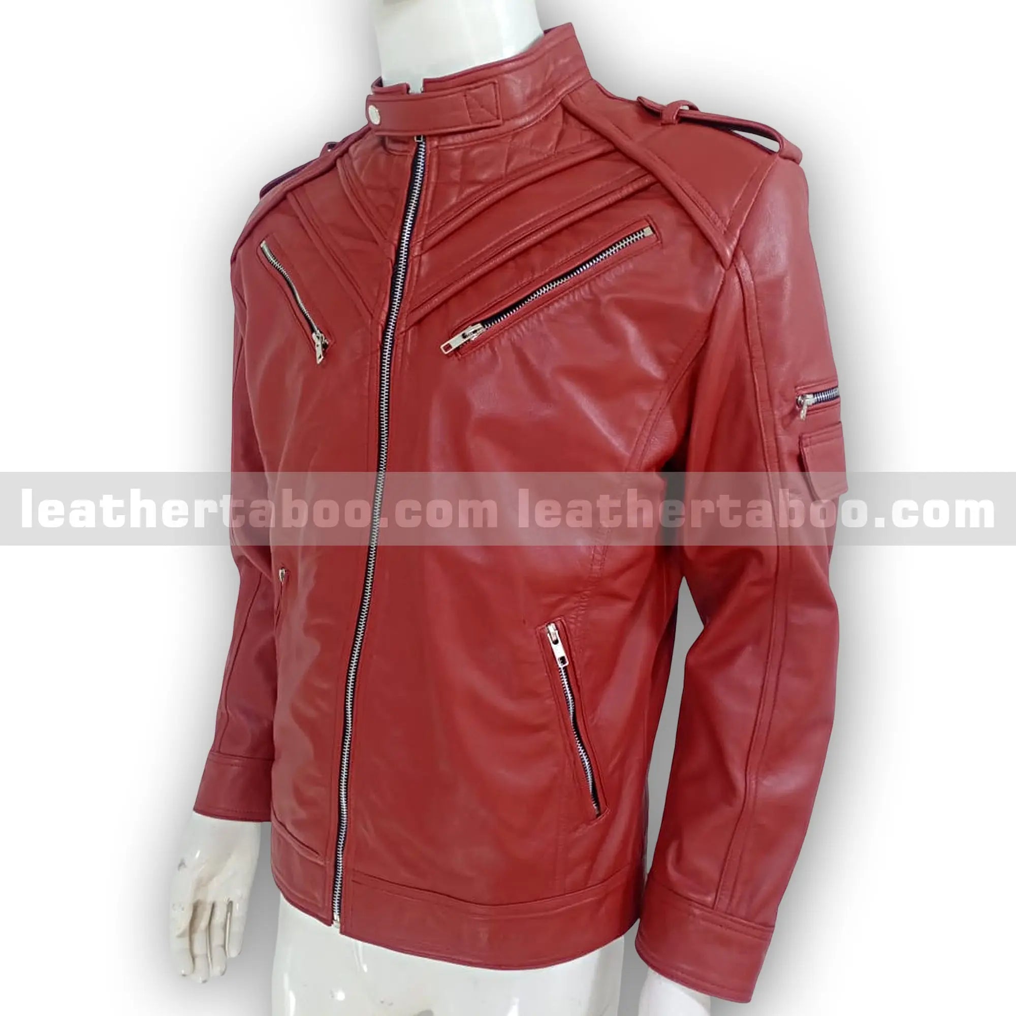 Men’s Premium Red Sheepskin Leather Jacket – Zipper Front Moto Style with Shoulder Detail - Leather taboo