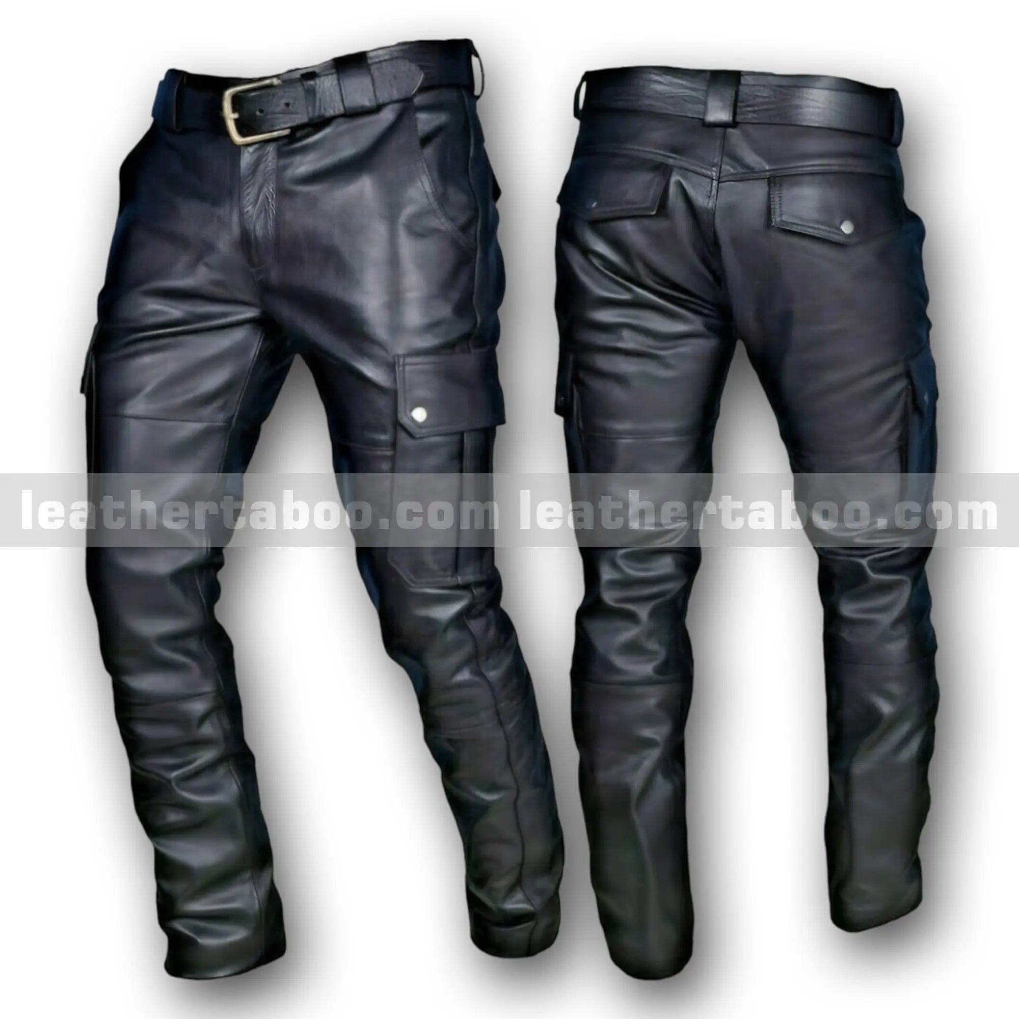 Menโs Black Cowhide Leather Pants with Cargo Pockets, Slim Fit Biker Style Trousers with Belt, Real Leather Streetwear - Leather taboo