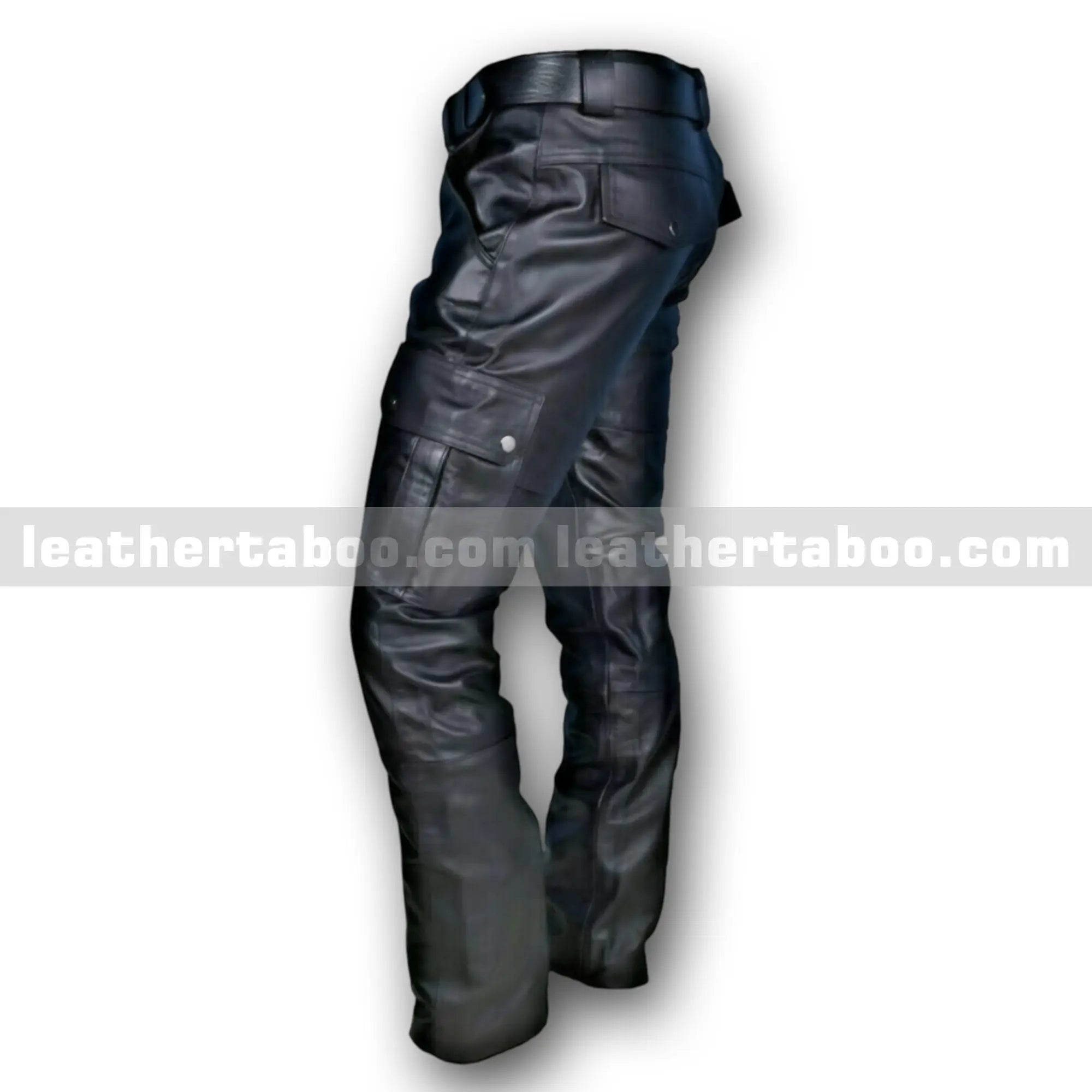 Menโs Black Cowhide Leather Pants with Cargo Pockets, Slim Fit Biker Style Trousers with Belt, Real Leather Streetwear - Leather taboo
