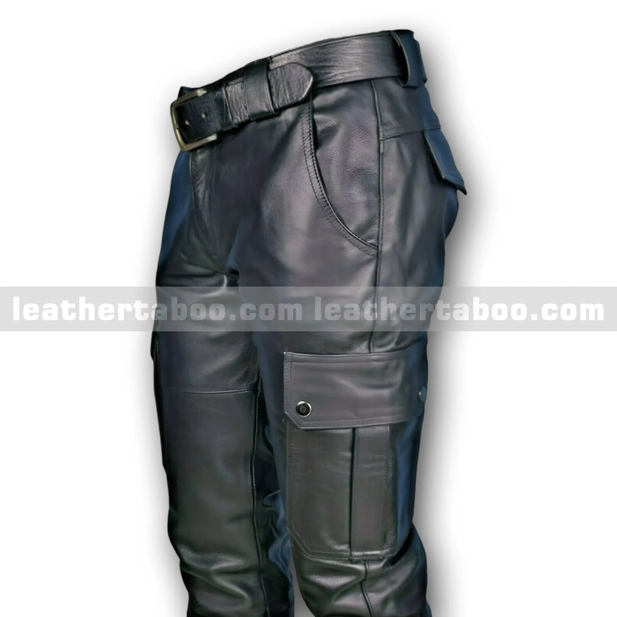 Men’s Black Cowhide Leather Pants with Cargo Pockets, Slim Fit Biker Style Trousers with Belt, Real Leather Streetwear - Leather taboo