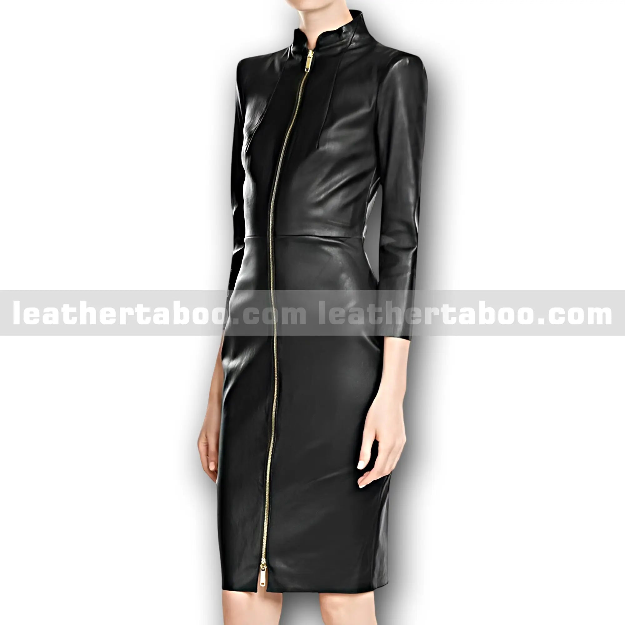 Women’s Premium Sheepskin Leather Dress – Fitted Black Zip-Up Long Sleeve Style - Leather taboo