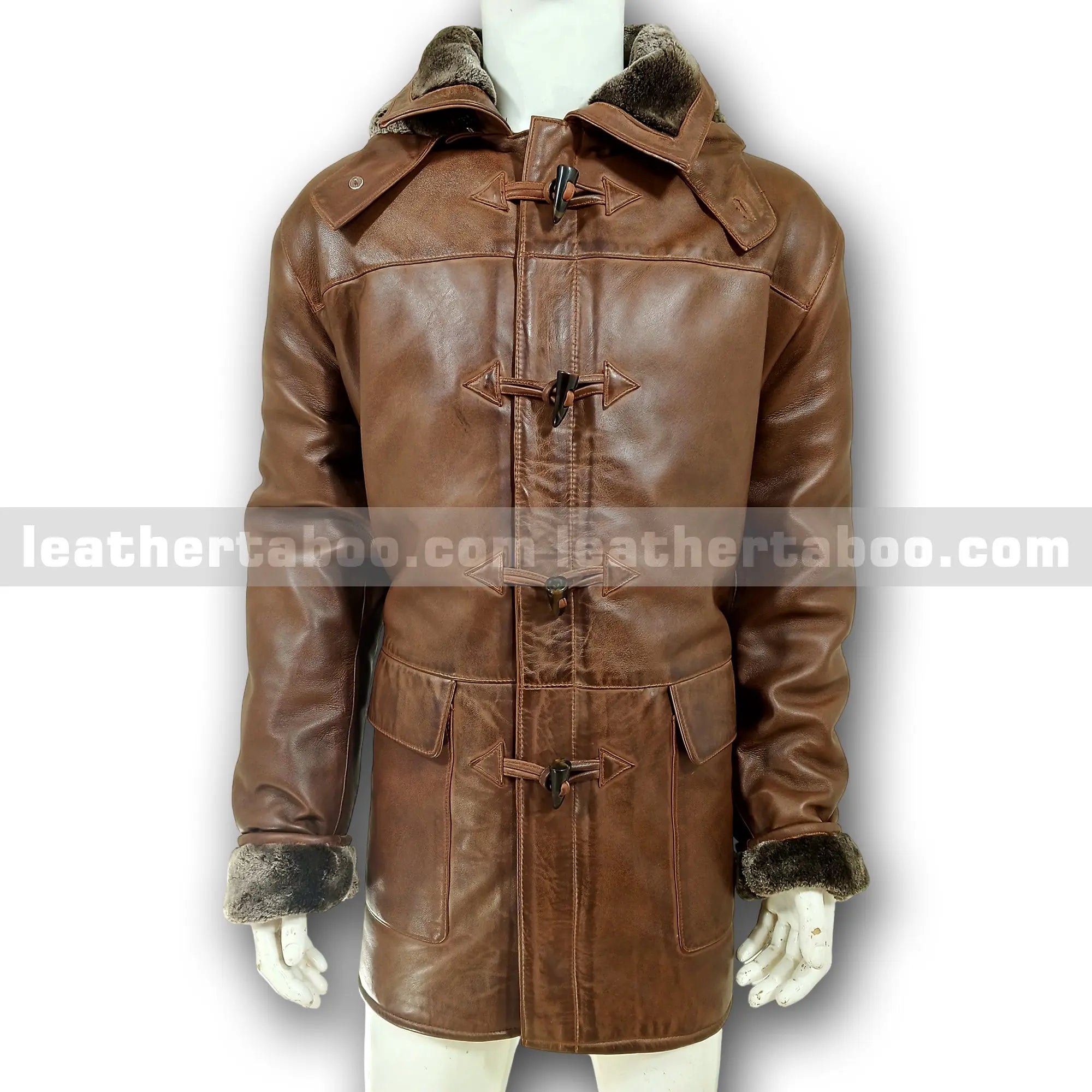Menโs Premium Sheepskin Leather Coat with Faux Shearling Lined Detachable Hood โ Winter Brown Toggle Jacket with Deep Pockets - Leather taboo
