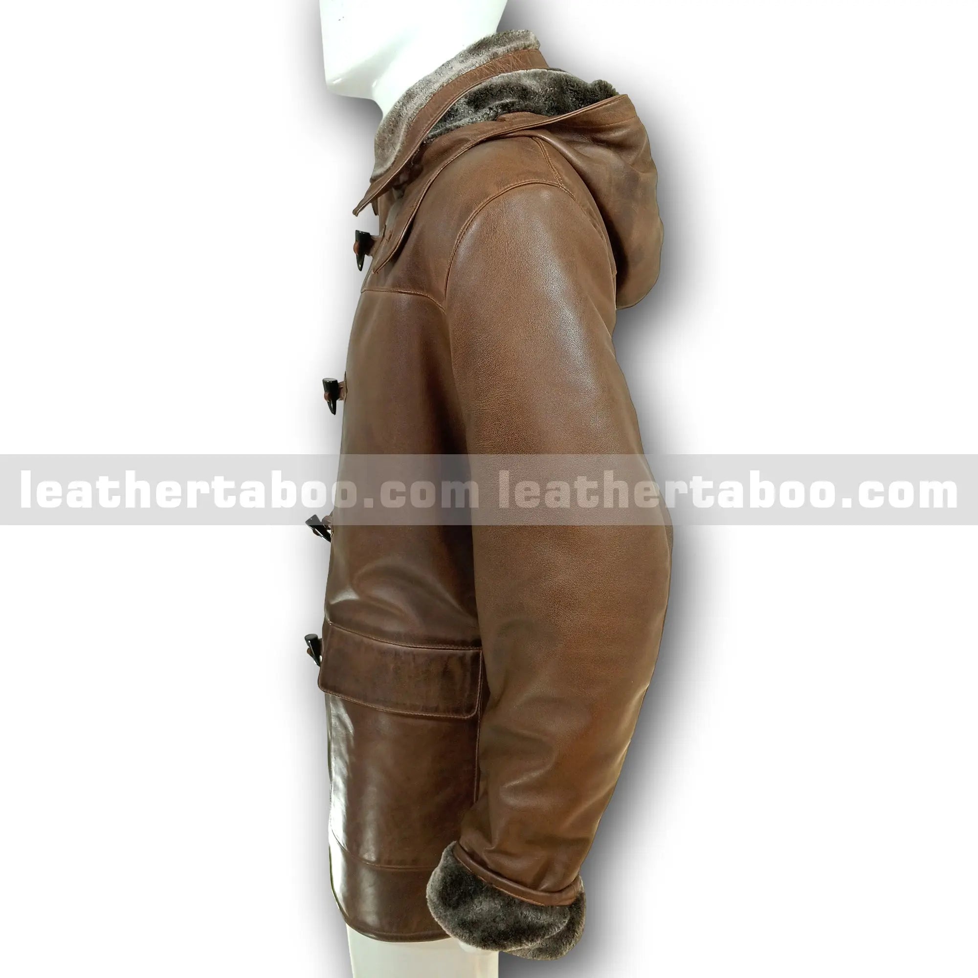 Menโs Premium Sheepskin Leather Coat with Faux Shearling Lined Detachable Hood โ Winter Brown Toggle Jacket with Deep Pockets - Leather taboo
