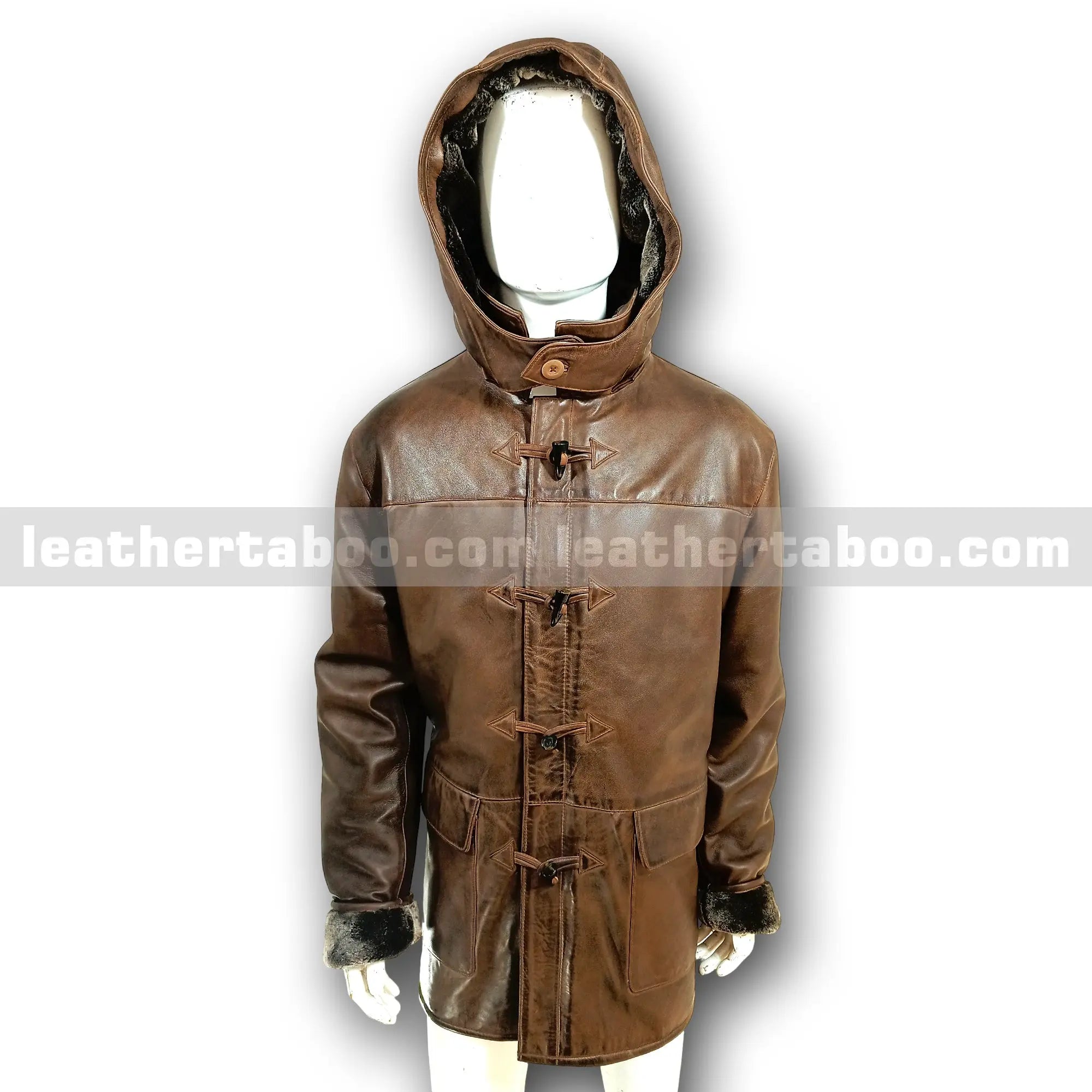 Men’s Premium Sheepskin Leather Coat with Faux Shearling Lined Detachable Hood – Winter Brown Toggle Jacket with Deep Pockets - Leather taboo