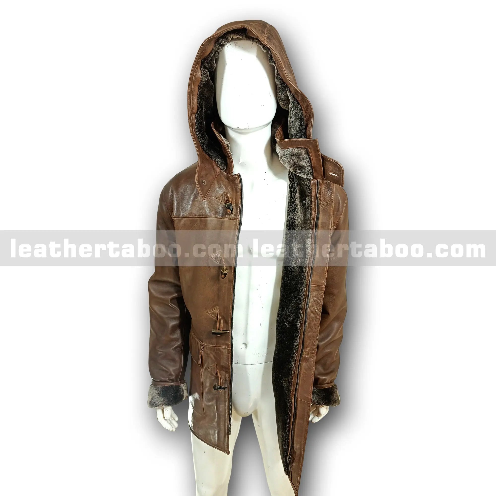 Men’s Premium Sheepskin Leather Coat with Faux Shearling Lined Detachable Hood – Winter Brown Toggle Jacket with Deep Pockets - Leather taboo