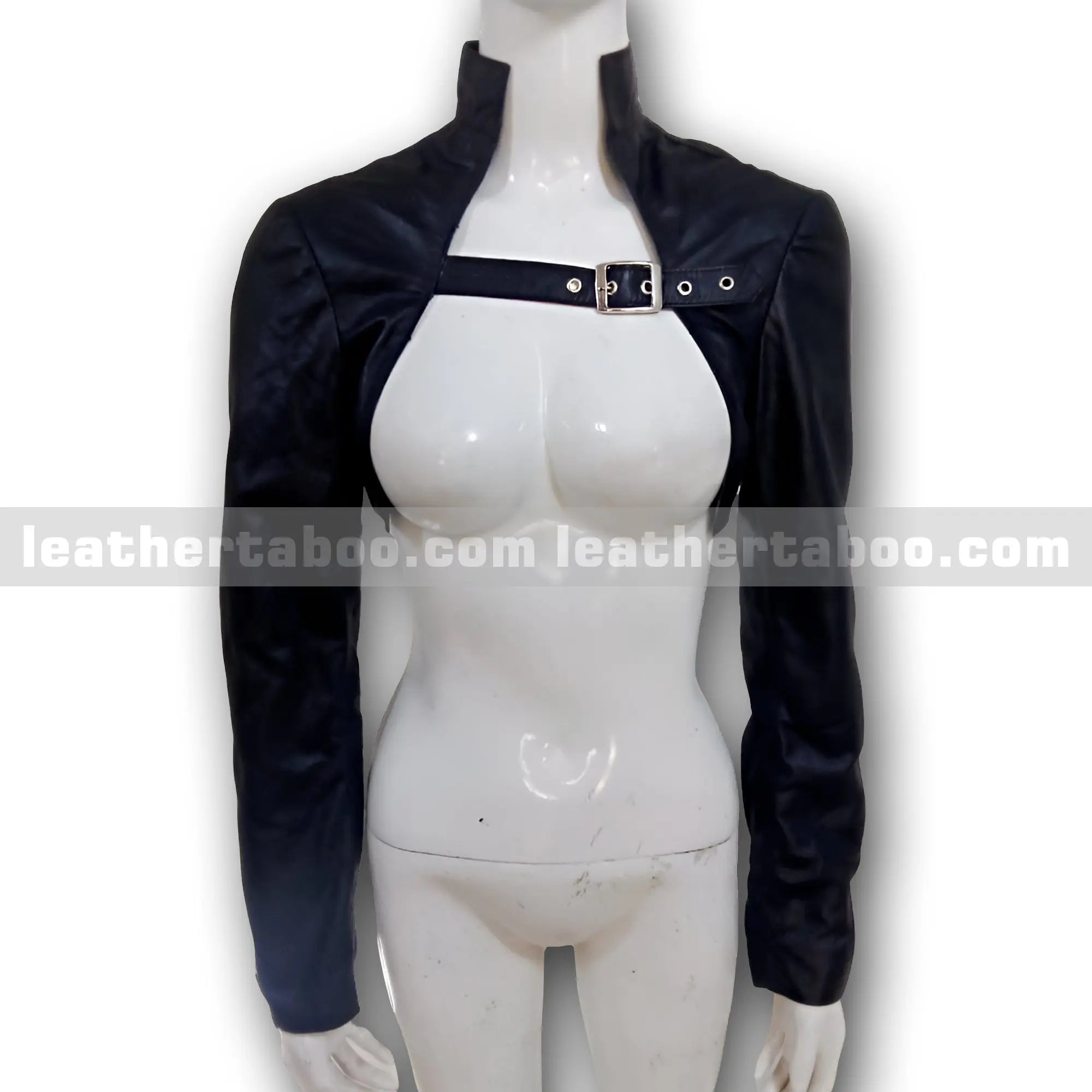 Womenโs Premium Sheepskin Leather Bolero Shrug Jacket with High Collar and Front Buckle Strap โ Stylish Cropped Sleeve Cover - Leather taboo