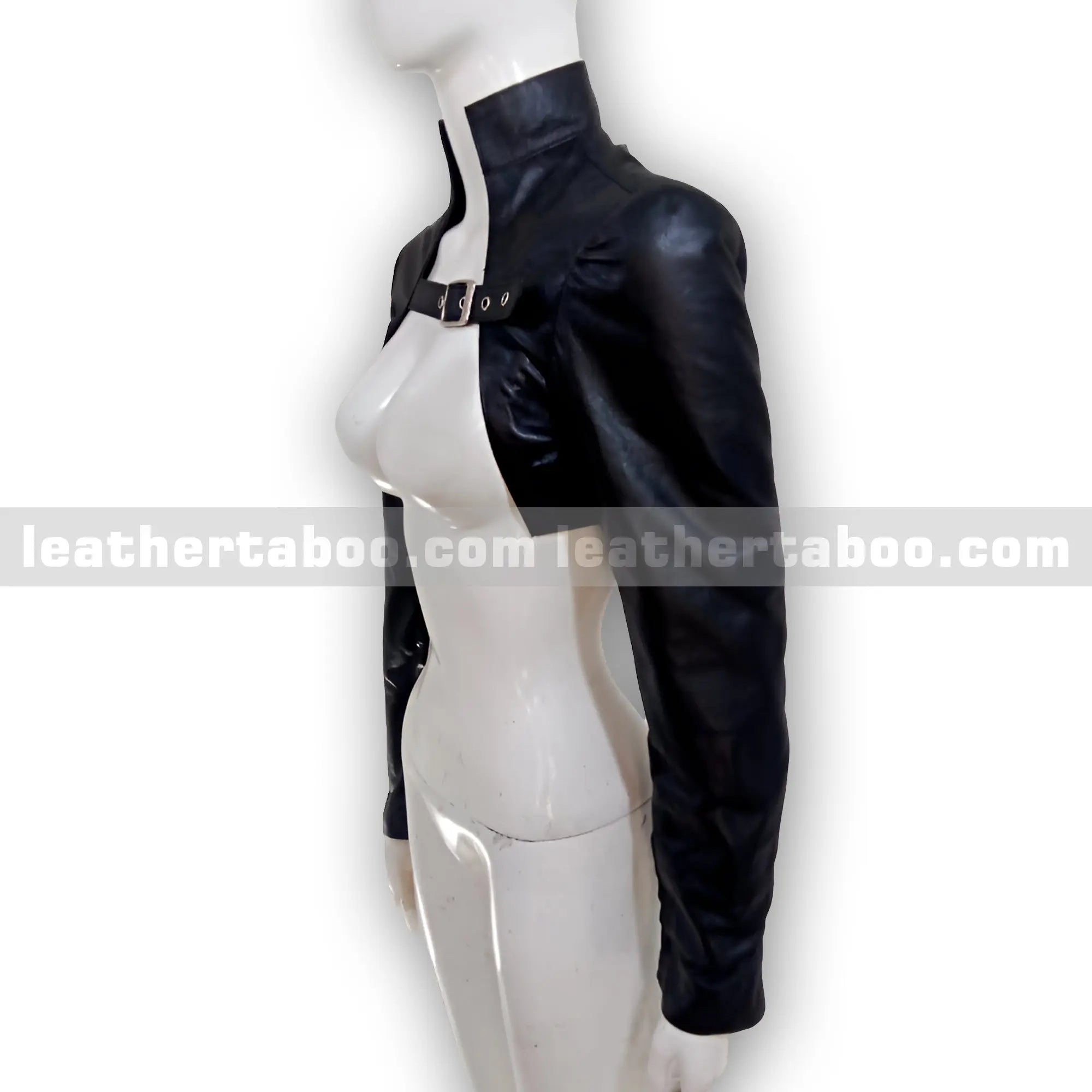 Womenโs Premium Sheepskin Leather Bolero Shrug Jacket with High Collar and Front Buckle Strap โ Stylish Cropped Sleeve Cover - Leather taboo