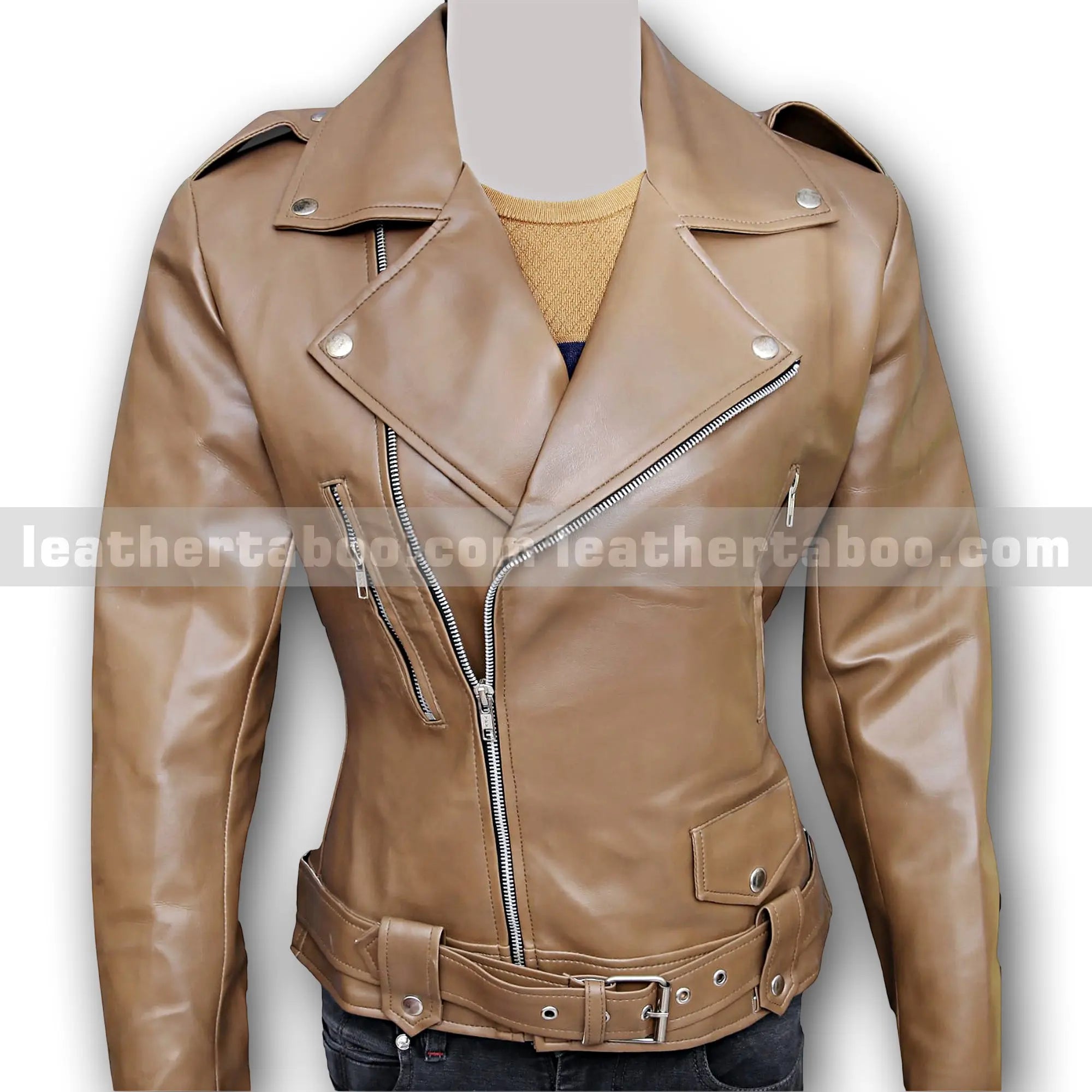 Women’s Camel Brown and Rich burgundy Sheepskin Leather Jacket | Biker Moto Style Outerwear with Belt & Zipper | Real Leather Fall Jacket - Leather taboo