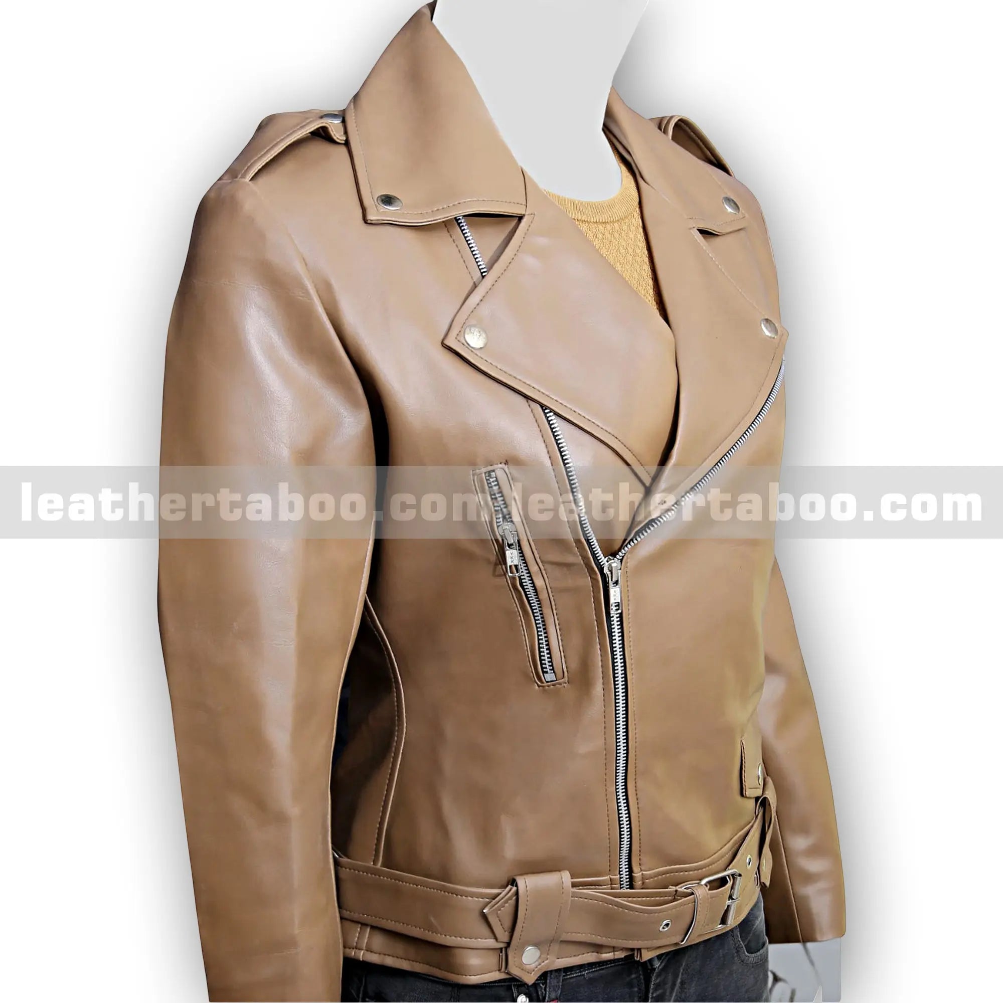 Women’s Camel Brown and Rich burgundy Sheepskin Leather Jacket | Biker Moto Style Outerwear with Belt & Zipper | Real Leather Fall Jacket - Leather taboo