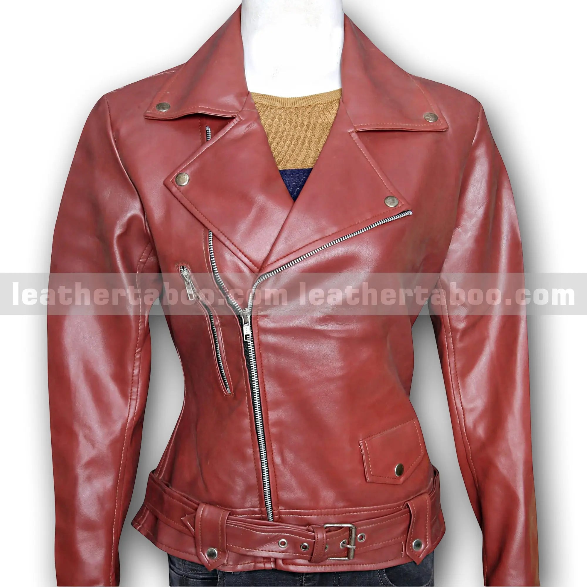 Women’s Camel Brown and Rich burgundy Sheepskin Leather Jacket | Biker Moto Style Outerwear with Belt & Zipper | Real Leather Fall Jacket - Leather taboo
