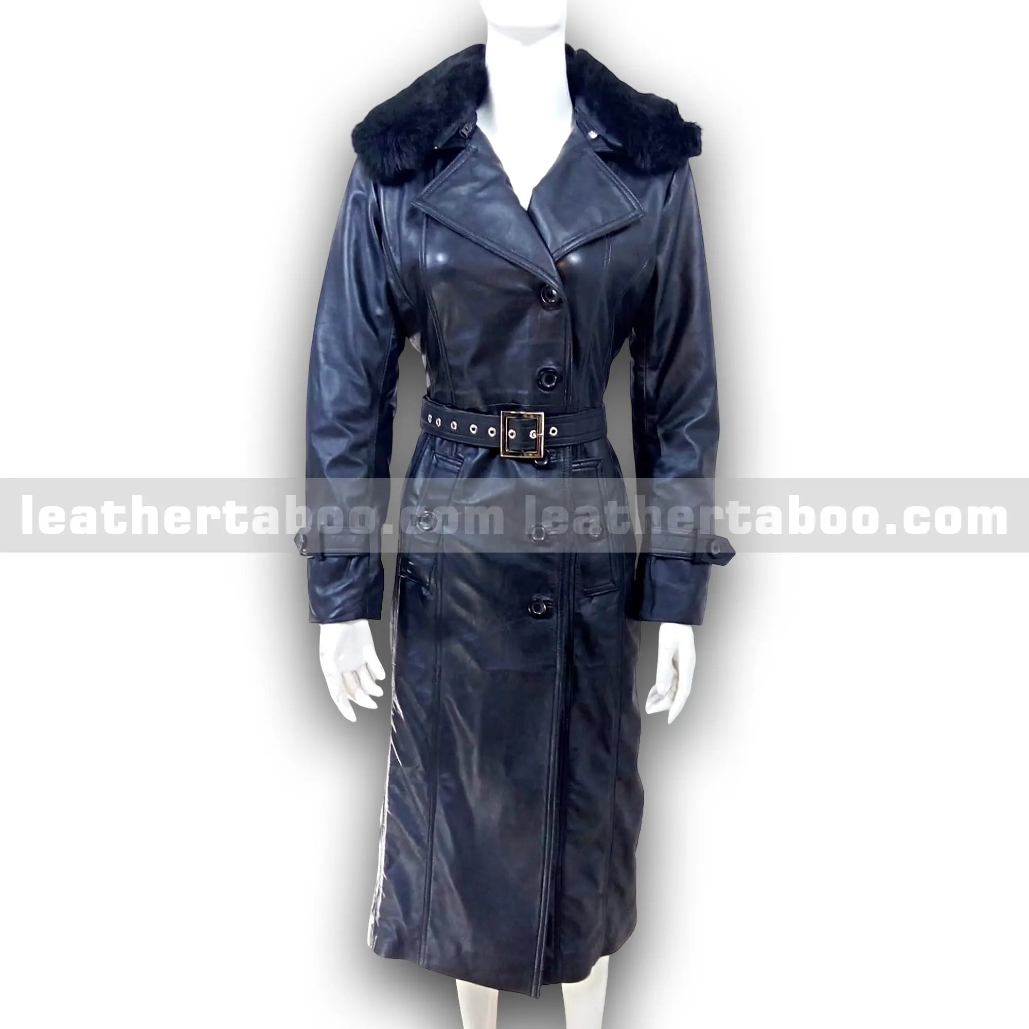 Women's Long Black Sheepskin Leather Trench Coat with Belt & Original Faux Fur Collar | Full-Length Winter Leather Outerwear - Leather taboo