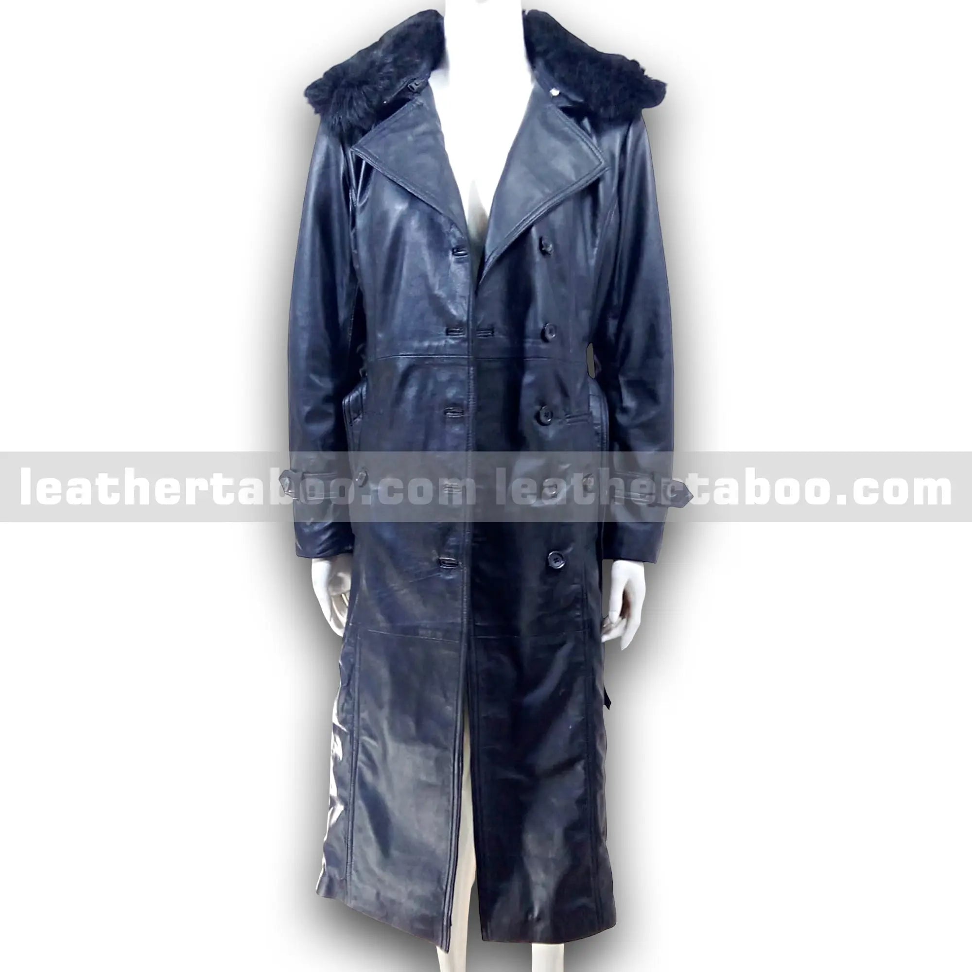 Women's Long Black Sheepskin Leather Trench Coat with Belt & Original Faux Fur Collar | Full-Length Winter Leather Outerwear - Leather taboo