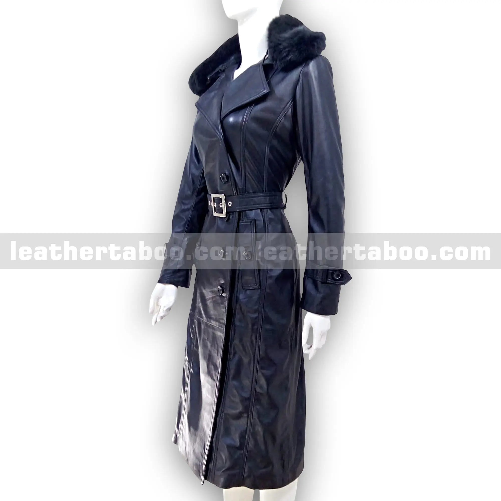 Women's Long Black Sheepskin Leather Trench Coat with Belt & Original Faux Fur Collar | Full-Length Winter Leather Outerwear - Leather taboo