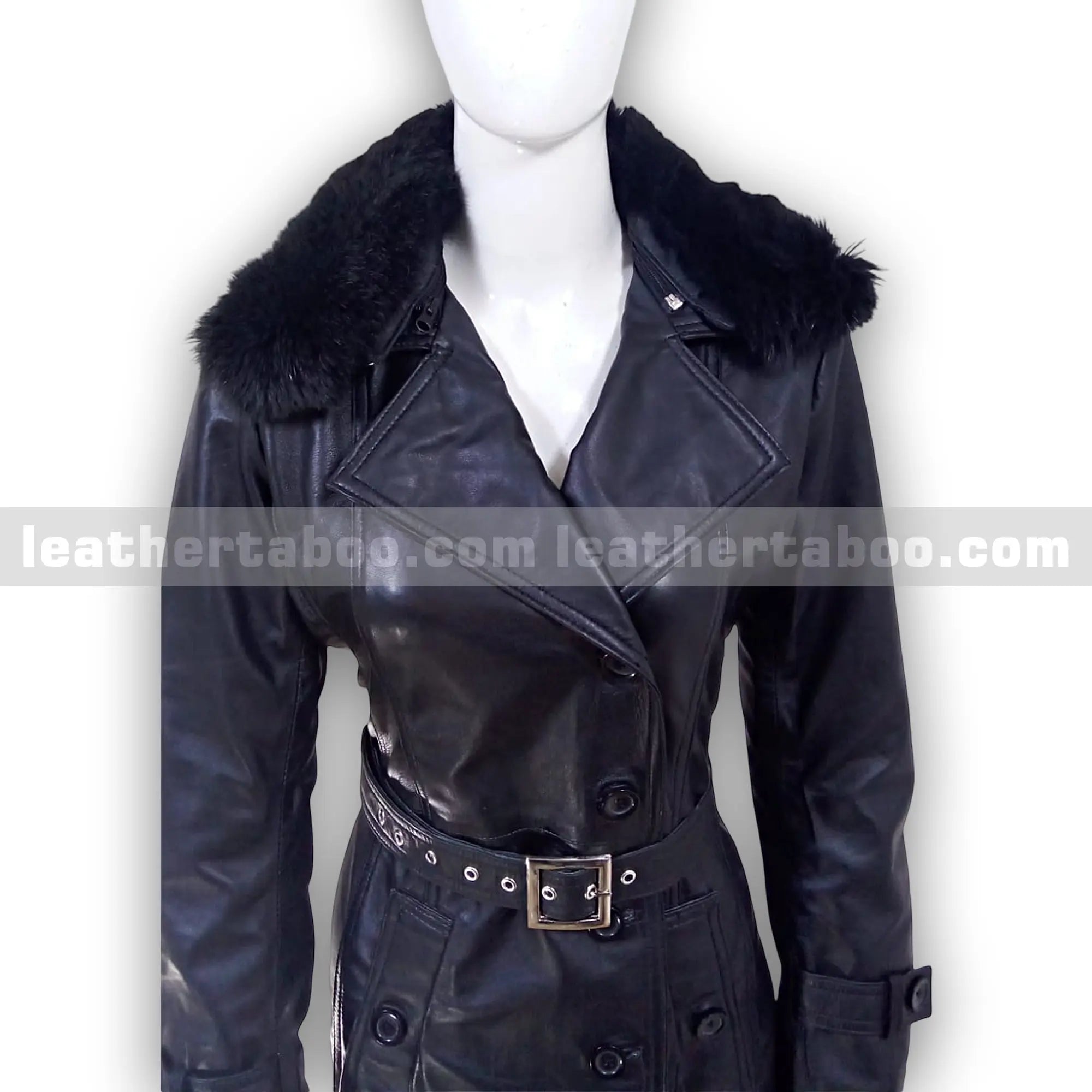 Women's Long Black Sheepskin Leather Trench Coat with Belt & Original Faux Fur Collar | Full-Length Winter Leather Outerwear - Leather taboo