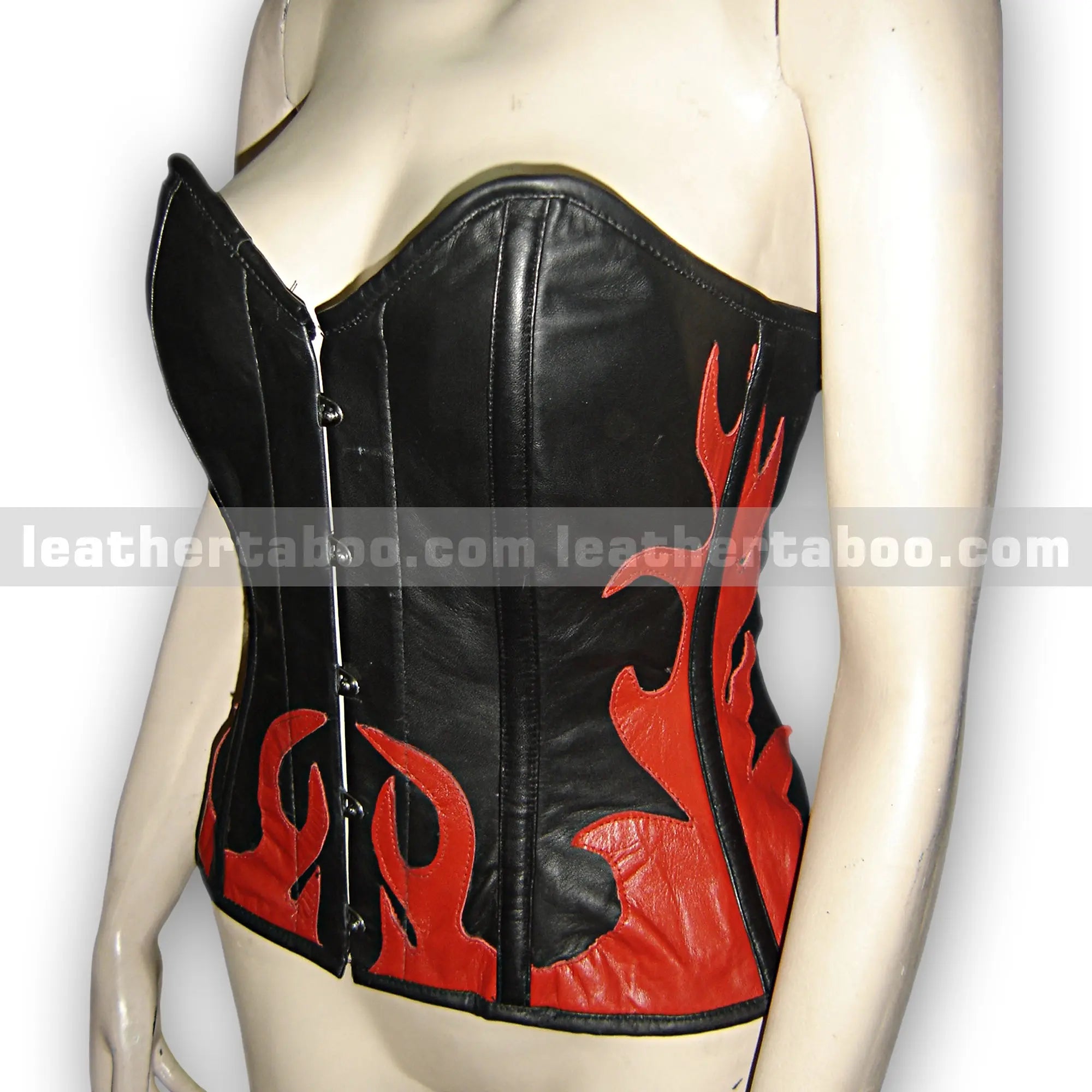 Black & Red Premium Sheepskin Leather Corset Top for Women โ Bustier Style with Flame Pattern and Lace-Up Back - Leather taboo
