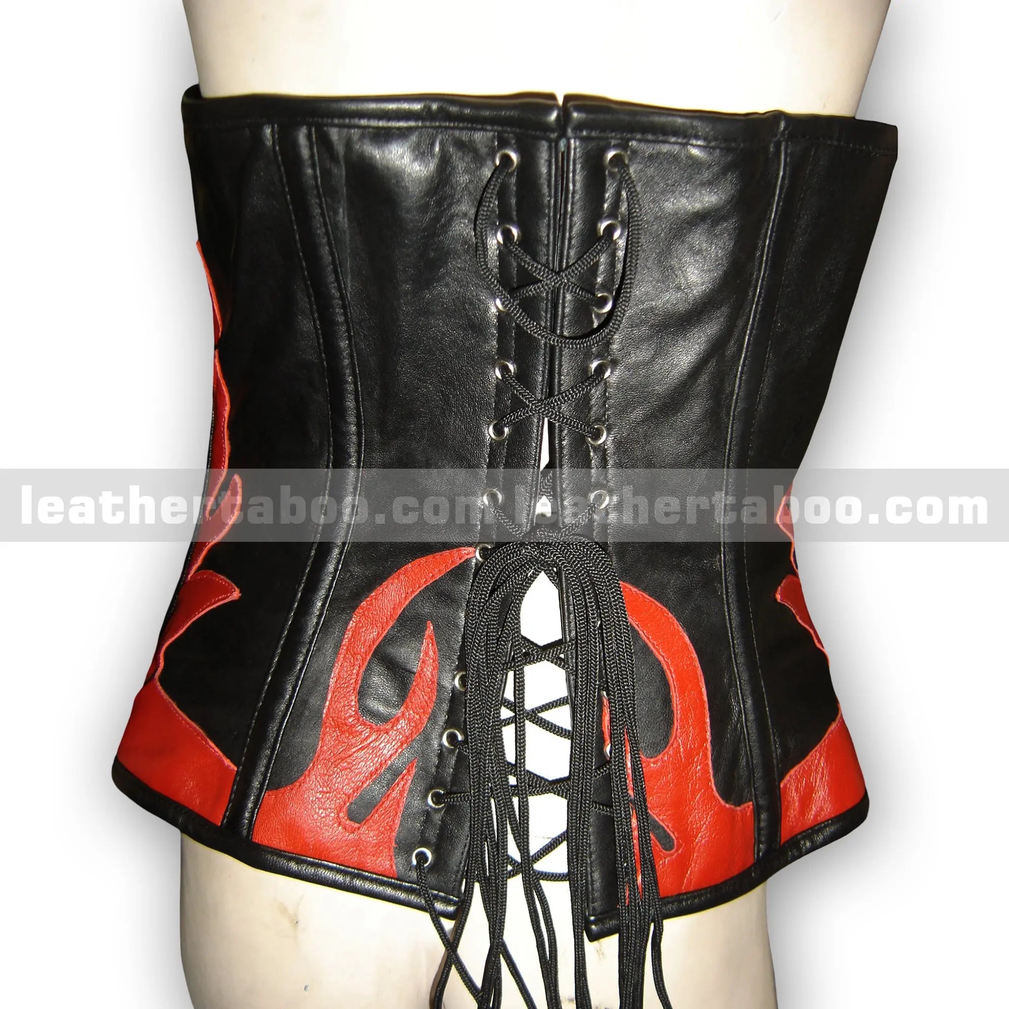 Black & Red Premium Sheepskin Leather Corset Top for Women โ Bustier Style with Flame Pattern and Lace-Up Back - Leather taboo