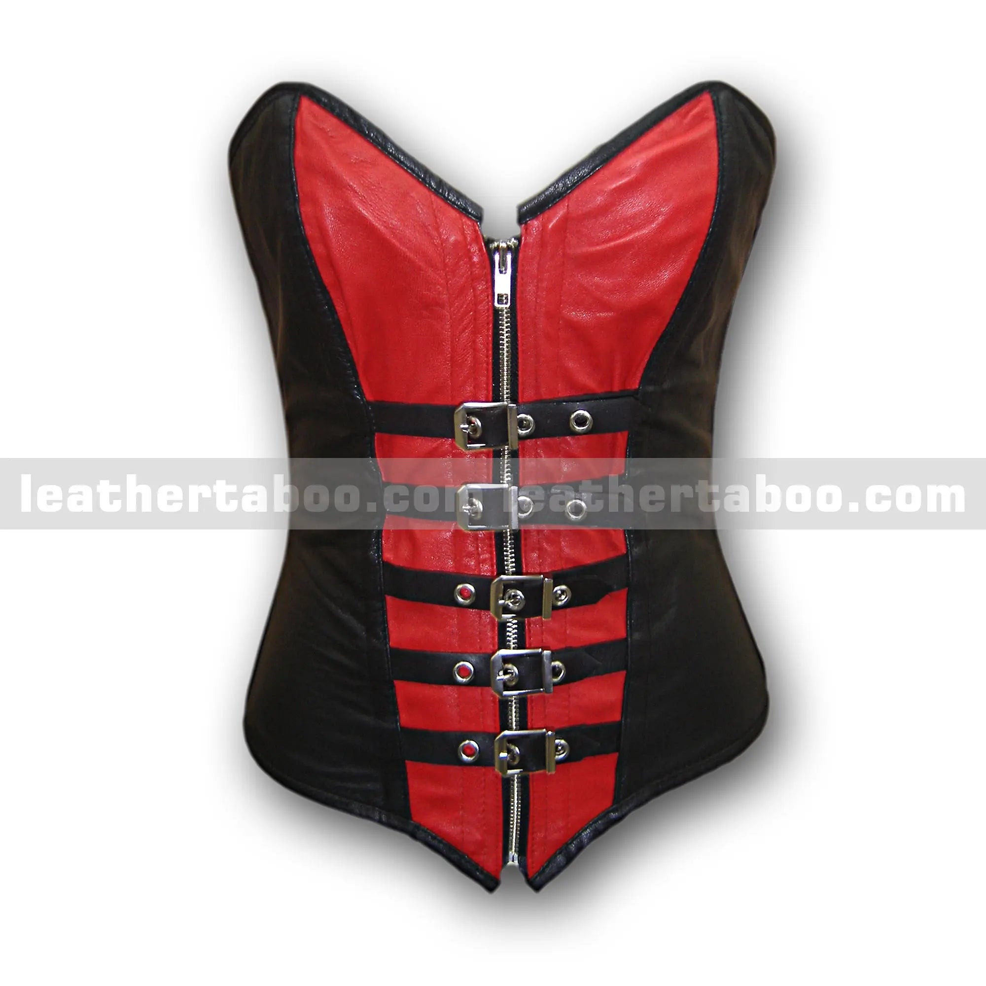 Women's Premium Sheepskin Leather Corset Top – Black and Red with Buckle & Zipper Details - Leather taboo