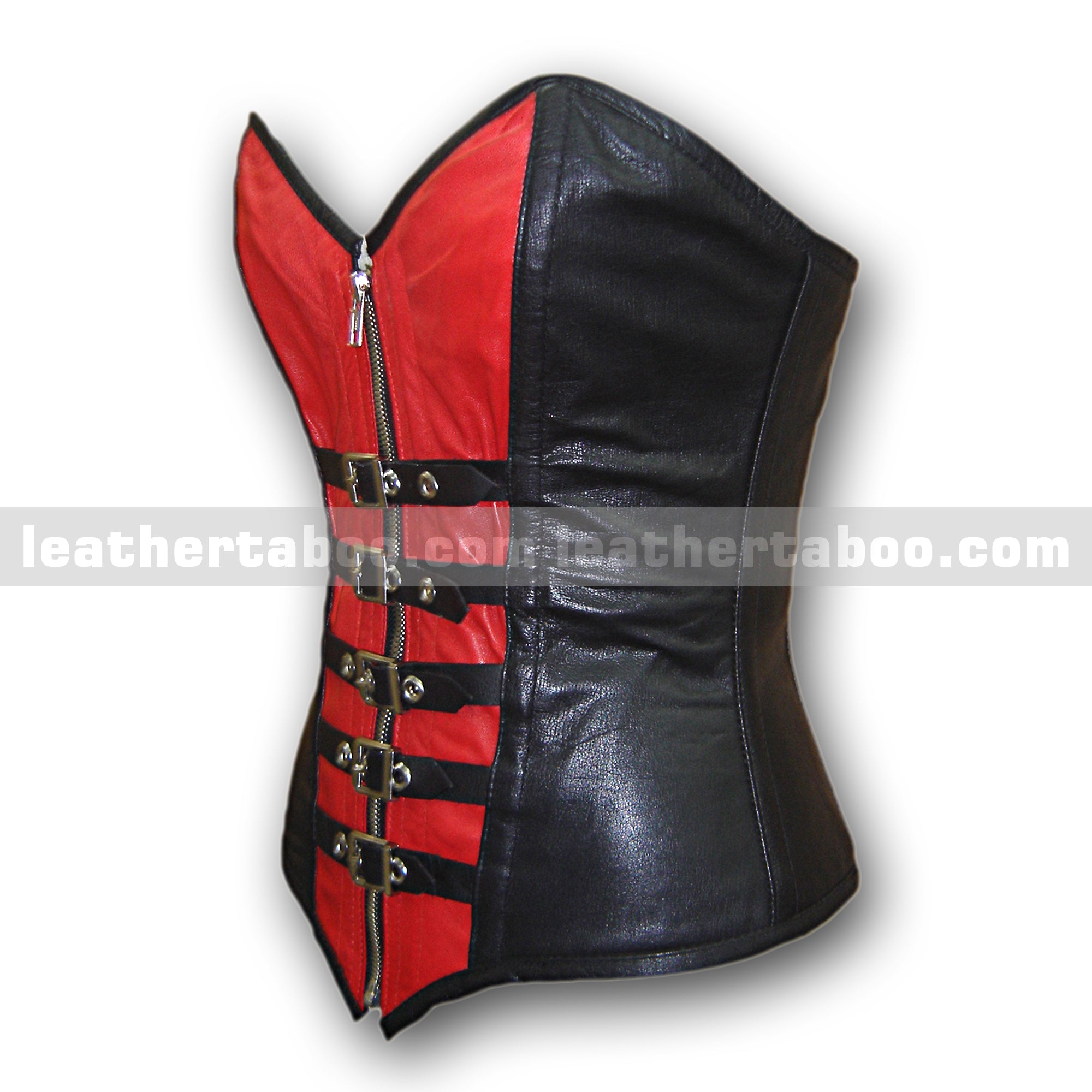 Women's Premium Sheepskin Leather Corset Top – Black and Red with Buckle & Zipper Details