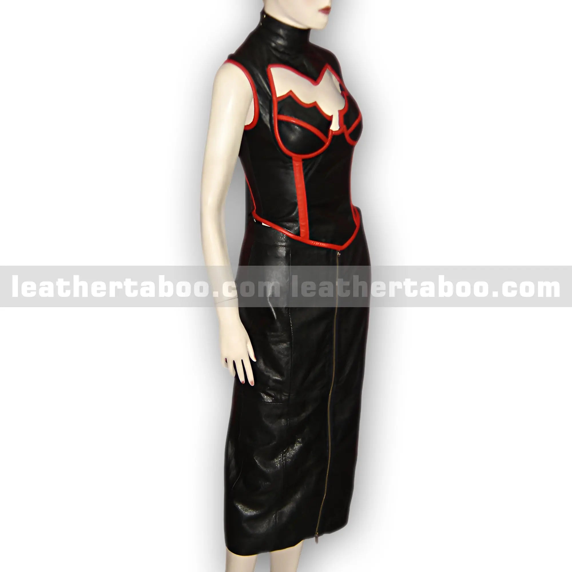Premium Sheepskin Leather Corset Dress for Women – High Neck Style with Red Trim, Front Zipper Skirt – Elegant Statement Piece - Leather taboo