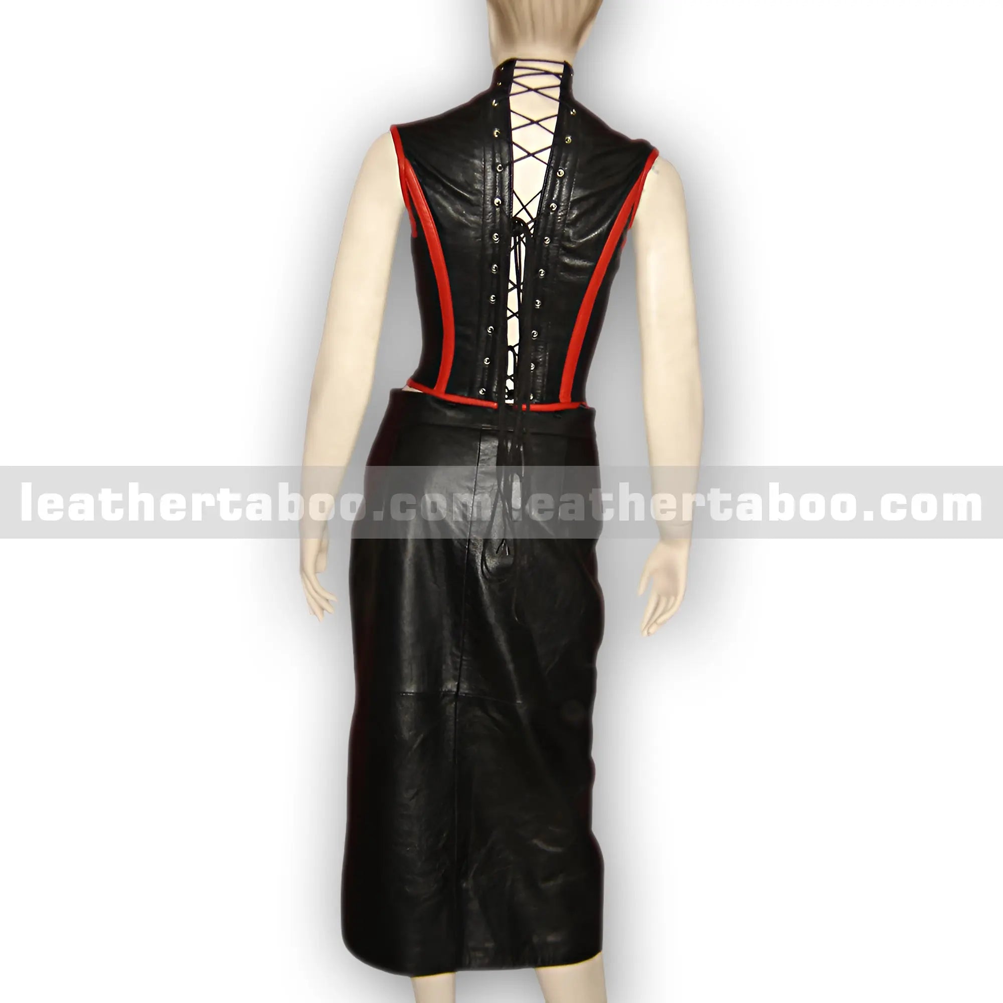 Premium Sheepskin Leather Corset Dress for Women – High Neck Style with Red Trim, Front Zipper Skirt – Elegant Statement Piece - Leather taboo