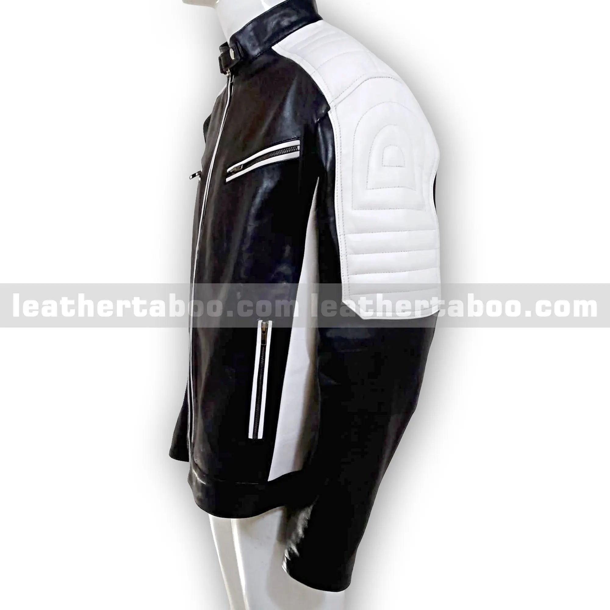 Men's Premium Cowhide Leather Biker Jacket with White Shoulder Panels and Zipper Details โ Streetwear Style Outerwear - Leather taboo