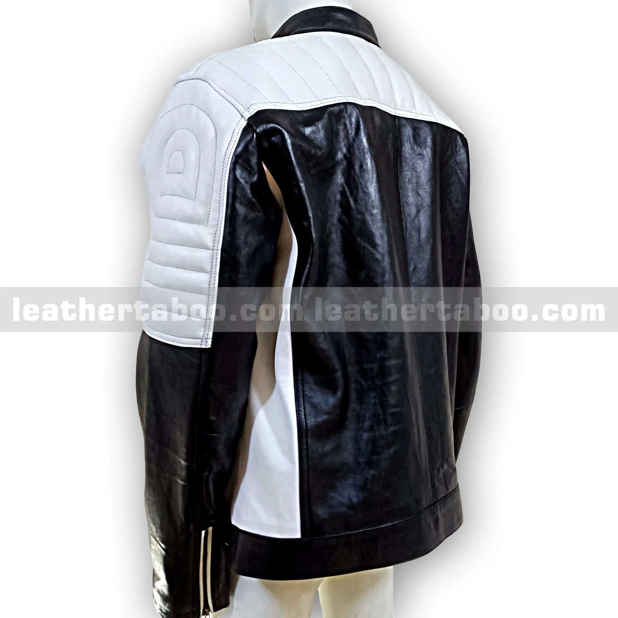 Men's Premium Cowhide Leather Biker Jacket with White Shoulder Panels and Zipper Details – Streetwear Style Outerwear - Leather taboo